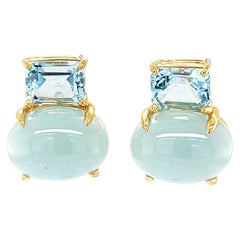 Cabochon Cut and Emerald Cut Aquamarine Earrings in 18k with French Clips
