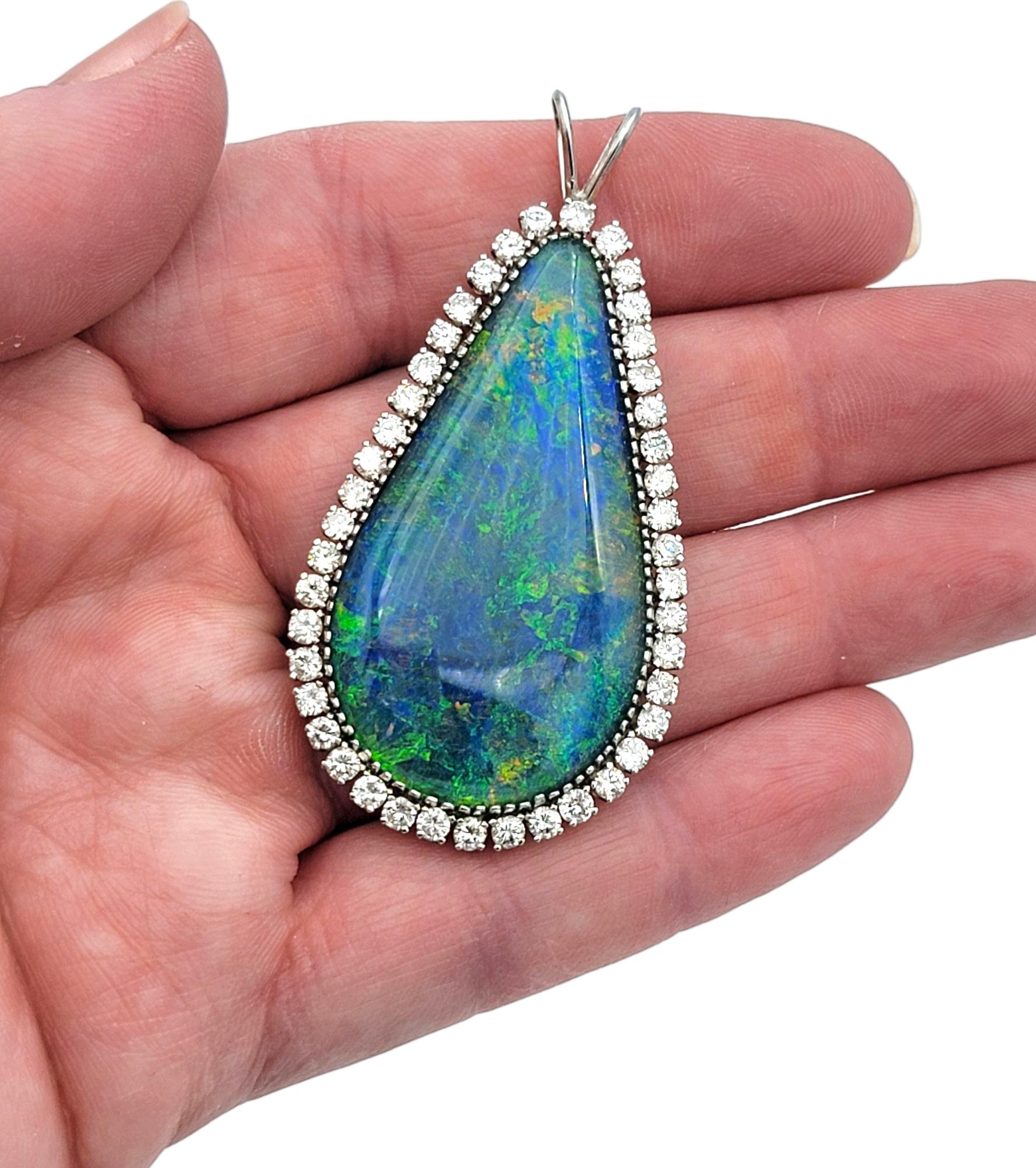 Cabochon Cut Black Opal & Diamond Halo Teardrop Pendant in 14 Karat White Gold In Good Condition For Sale In Scottsdale, AZ