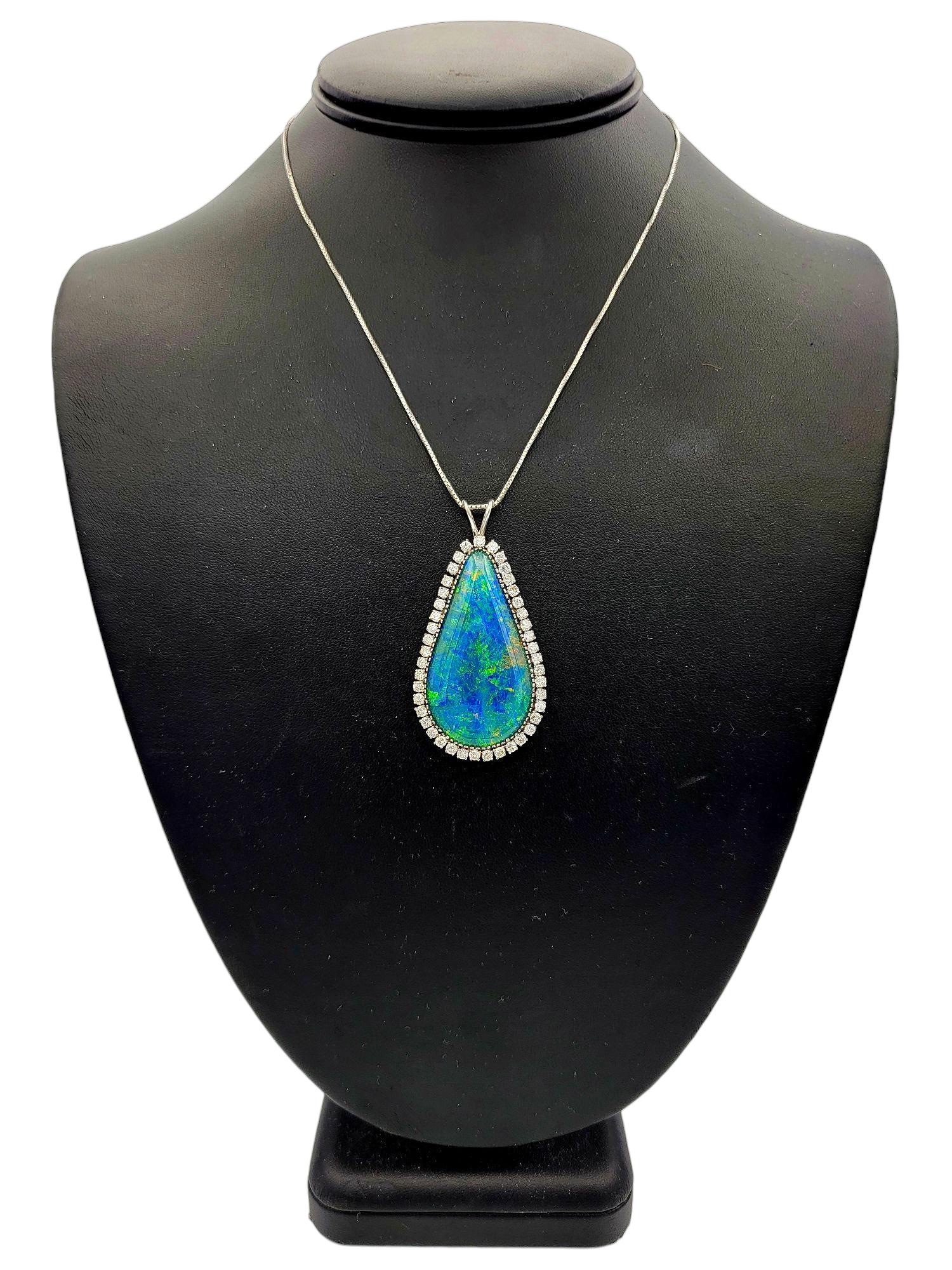 Women's Cabochon Cut Black Opal & Diamond Halo Teardrop Pendant in 14 Karat White Gold For Sale