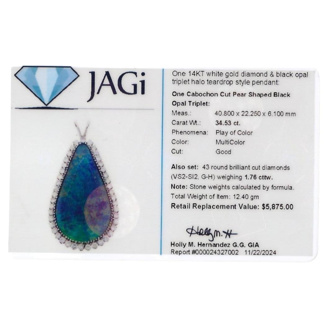 Cabochon Cut Black Opal & Diamond Halo Teardrop Pendant in 14 Karat White Gold For Sale 1