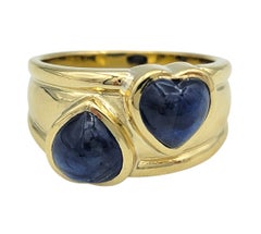 Cabochon Cut Blue Sapphire Double Heart Band Ring in 18 Karat Yellow Gold