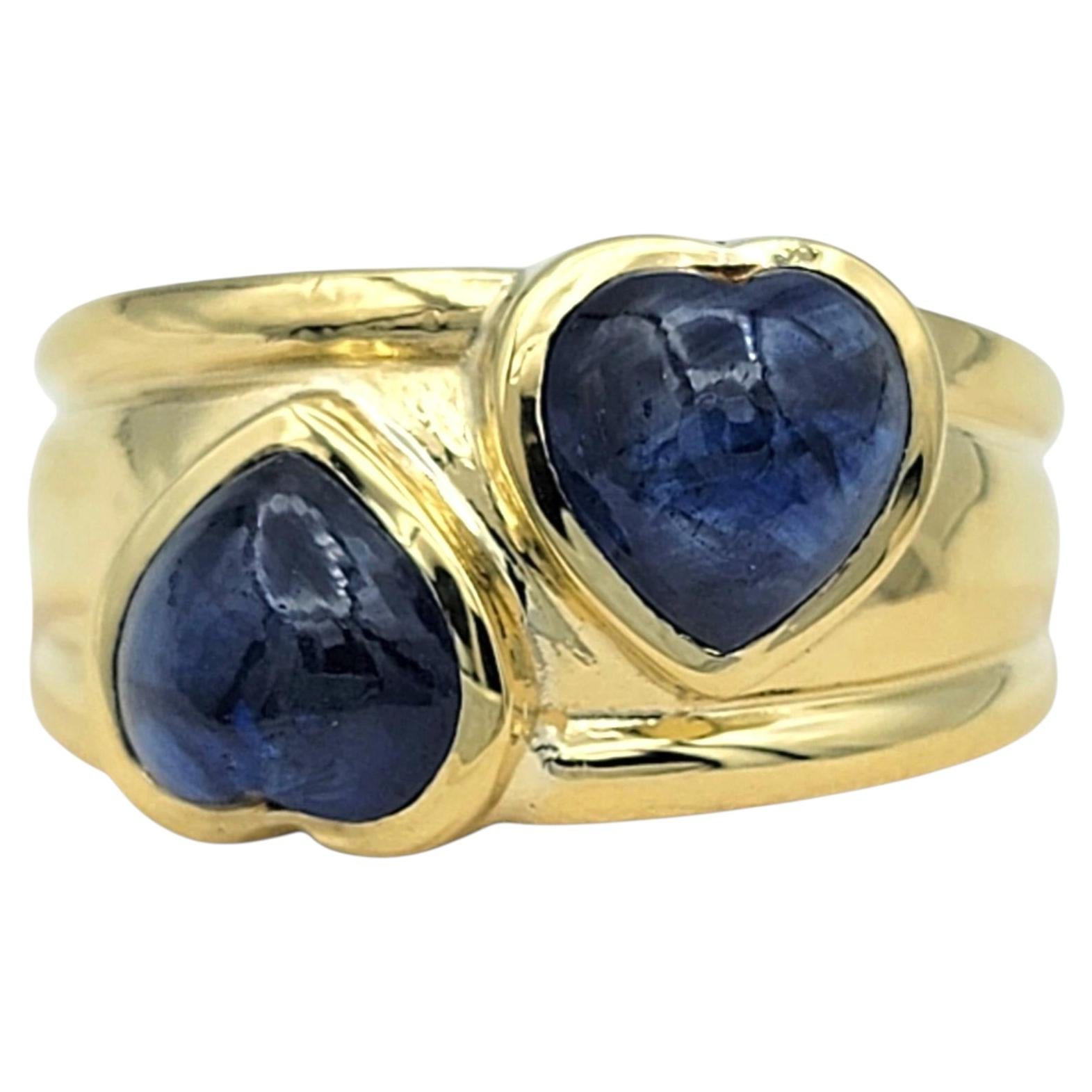 Cabochon Cut Blue Sapphire Double Heart Band Ring in 18 Karat Yellow Gold For Sale