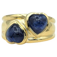 Cabochon Cut Blue Sapphire Double Heart Band Ring in 18 Karat Yellow Gold