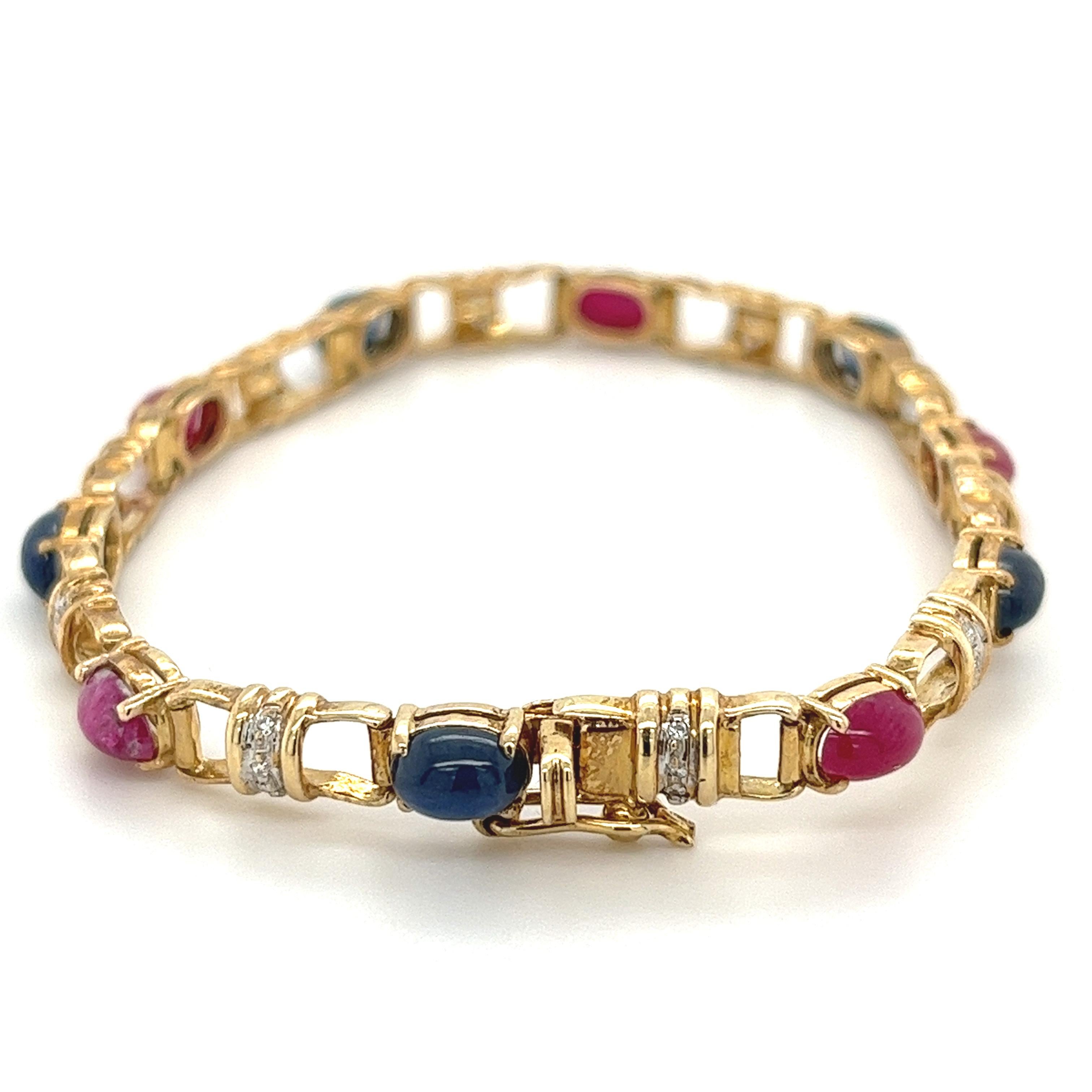 Colorful multi-gemstone retro charm style bracelet in 18k yellow gold. Featuring 10 cabochon cut Rubies and Blue Sapphires. Each Blue Sapphire and Ruby is distinctly separated with 0.30ctw in white diamonds. 

Waterproof, hypoallergenic, and