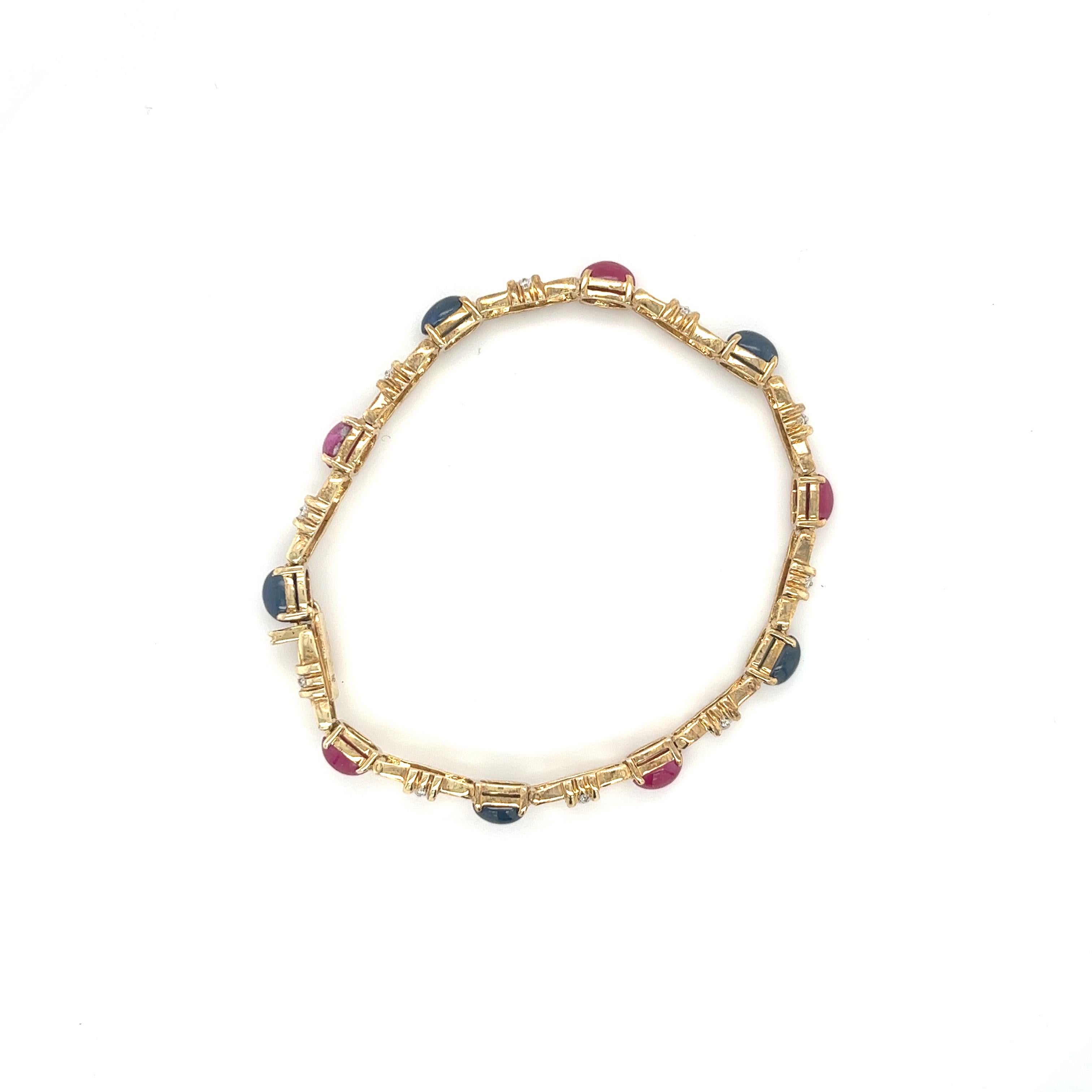 Retro Cabochon Cut Blue Sapphire, Ruby and Diamond Charm Bracelet in 18k Gold For Sale