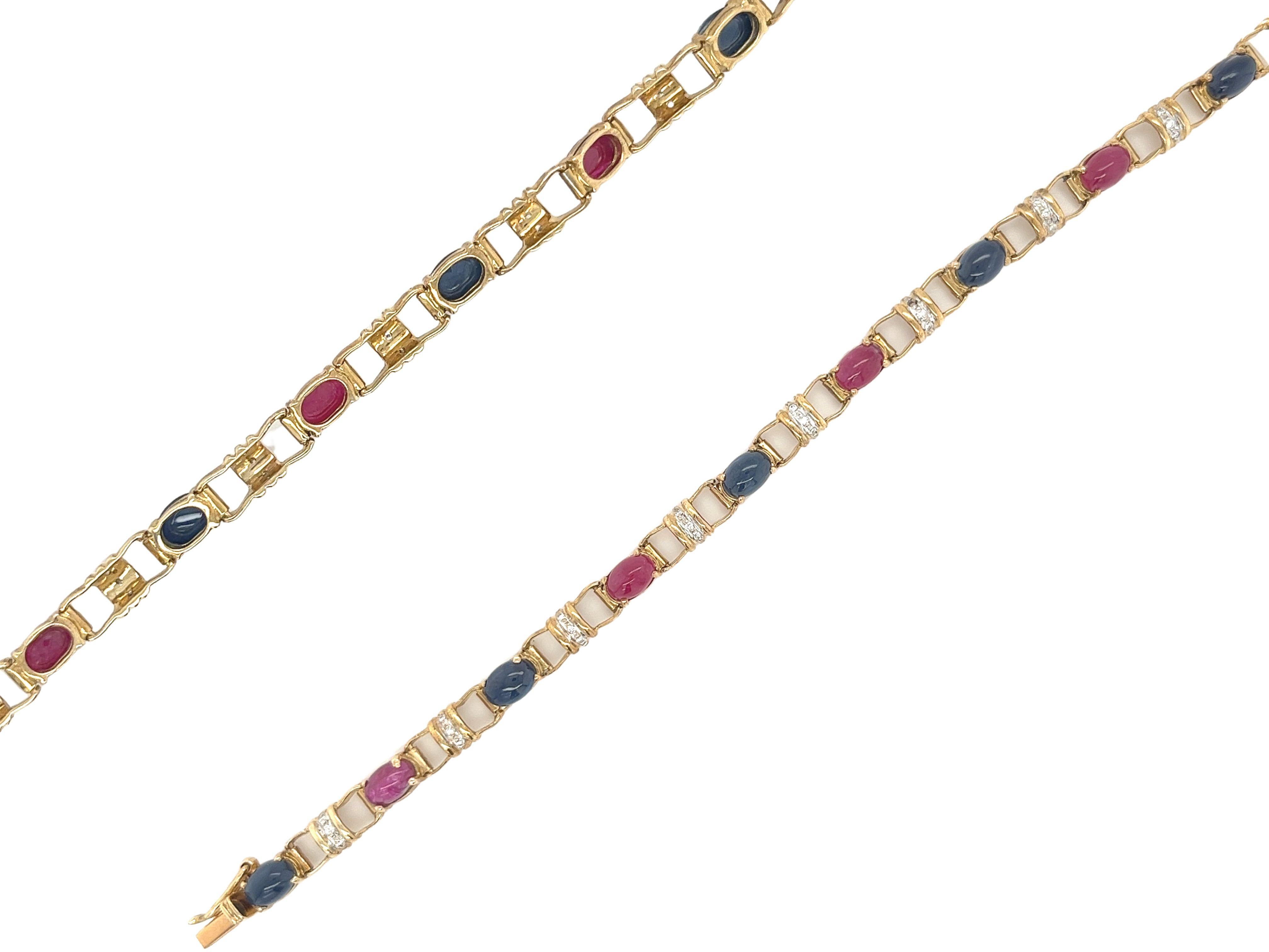 Women's or Men's Cabochon Cut Blue Sapphire, Ruby and Diamond Charm Bracelet in 18k Gold For Sale