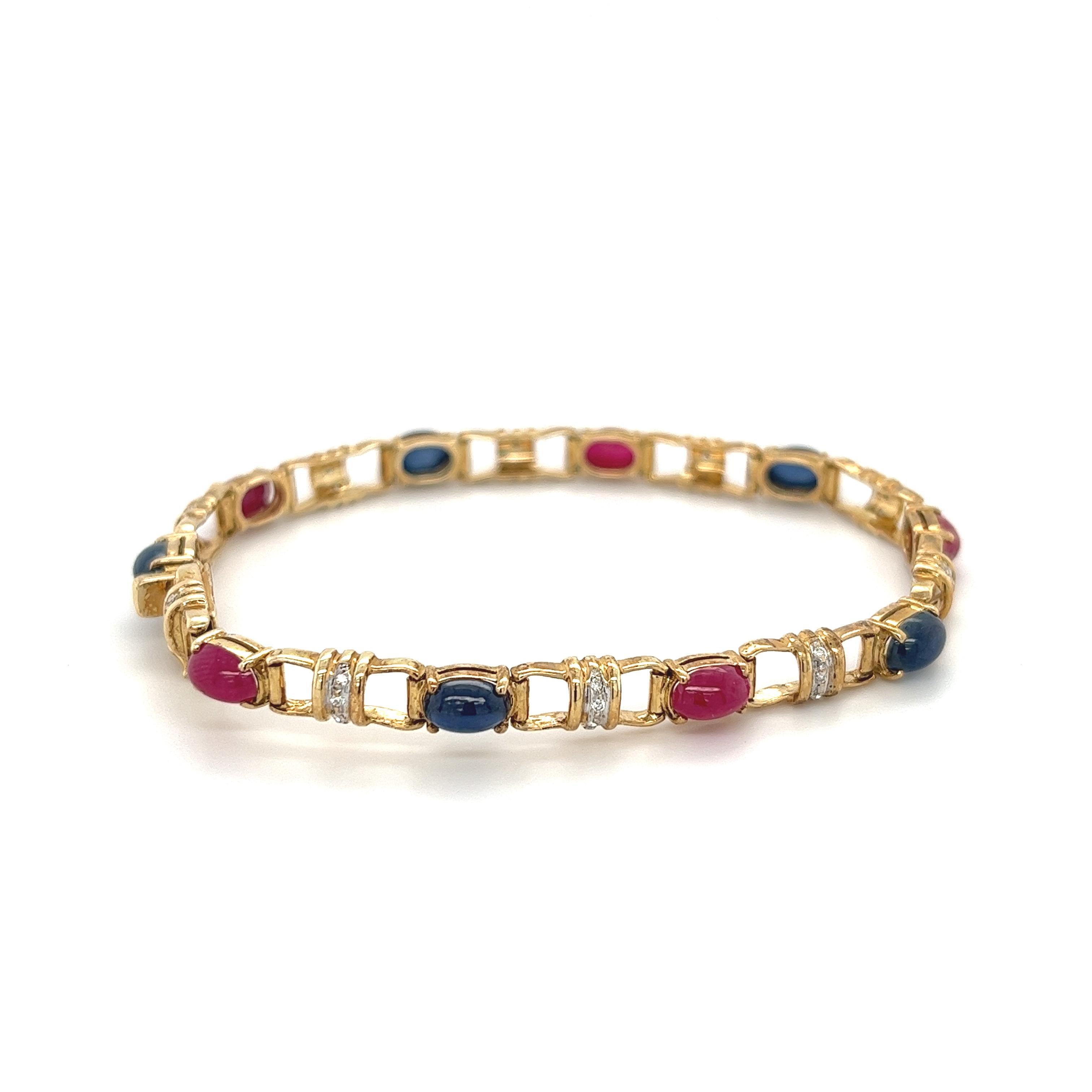 Cabochon Cut Blue Sapphire, Ruby and Diamond Charm Bracelet in 18k Gold For Sale 1