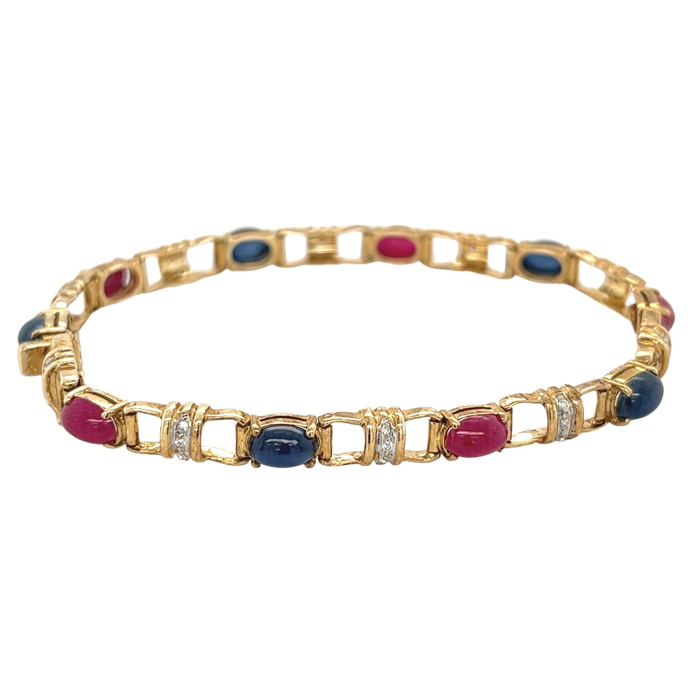 Cabochon Cut Blue Sapphire, Ruby and Diamond Charm Bracelet in 18k Gold For Sale