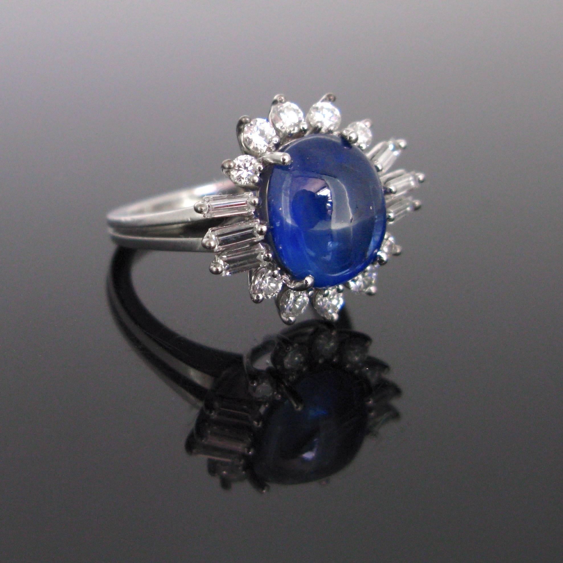 Contemporary Cabochon Cut Ceylan Sapphire and Diamond Cluster White Gold Band Ring