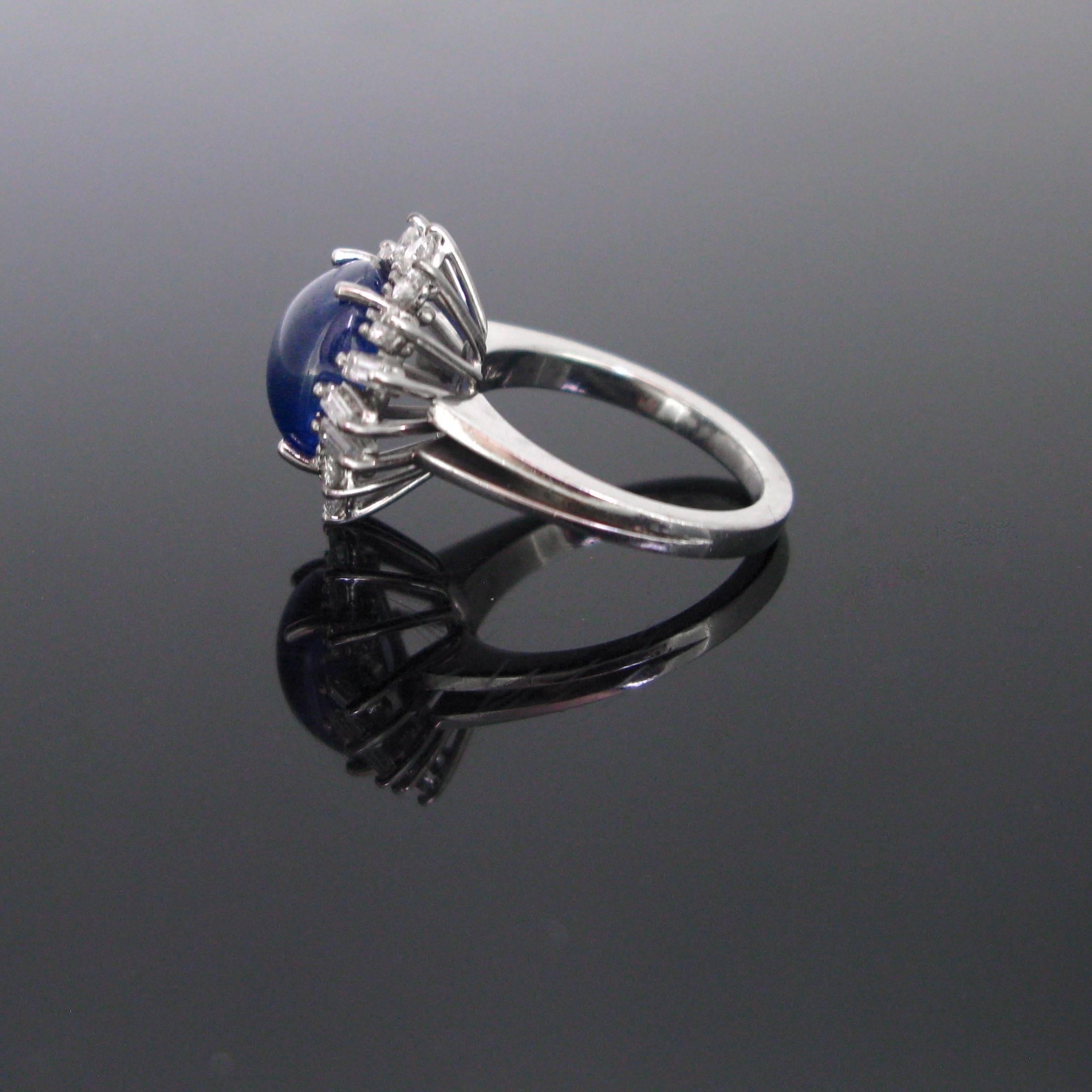 Cabochon Cut Ceylan Sapphire and Diamond Cluster White Gold Band Ring 1