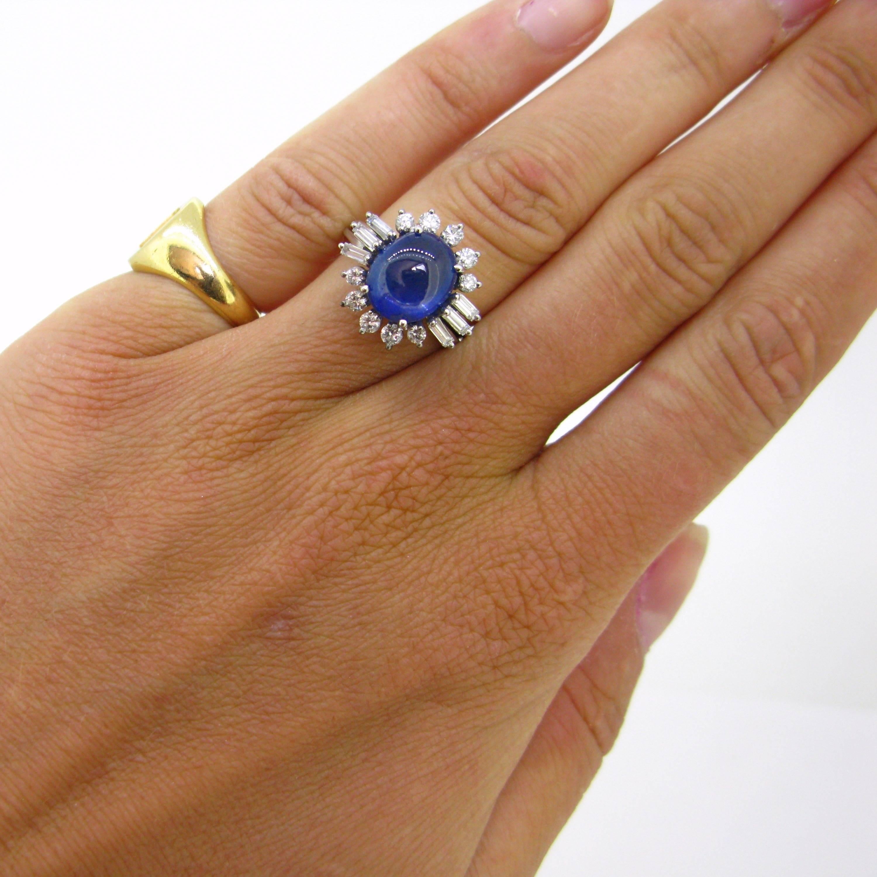 Cabochon Cut Ceylan Sapphire and Diamond Cluster White Gold Band Ring 3