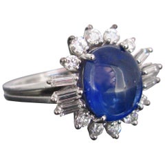 Cabochon Cut Ceylan Sapphire and Diamond Cluster White Gold Band Ring