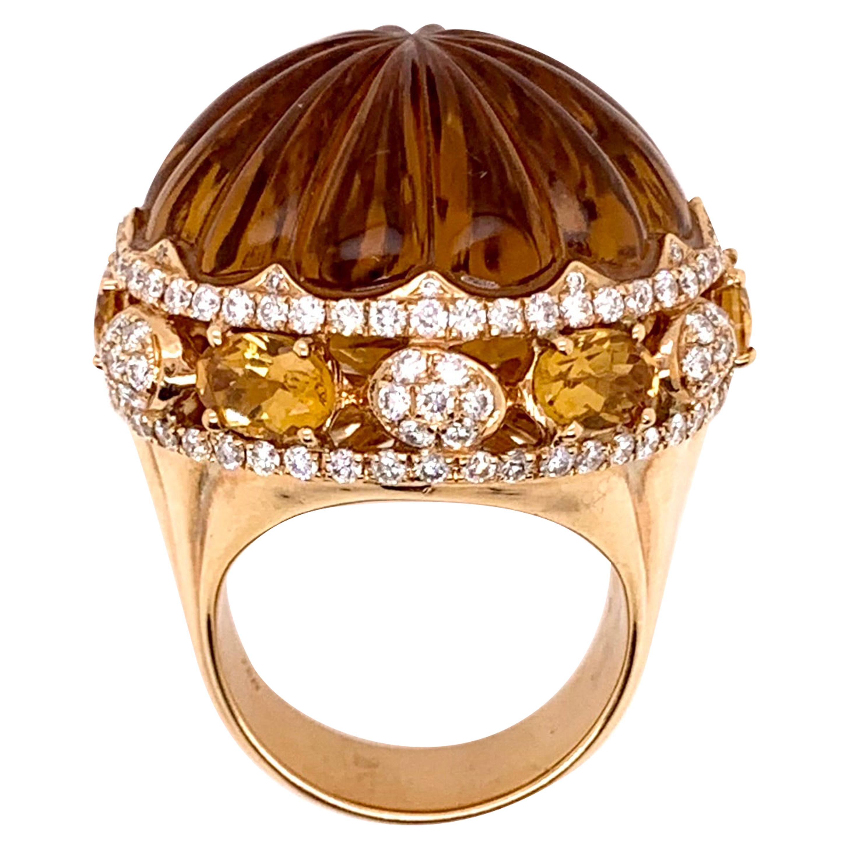 Cabochon Cut Citrine Domed Ring with Diamonds in 18 Karat Yellow Gold