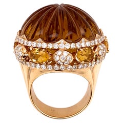 Cabochon Cut Citrine Domed Ring with Diamonds in 18 Karat Yellow Gold