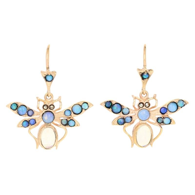 Cabochon Cut Opal and Marcasite Bug Earrings 14 Karat Gold Pierced Dangle