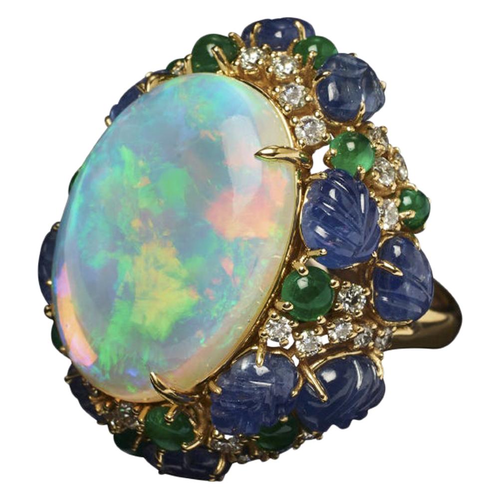 Cabochon-Cut Opal, Carved Sapphire, Emerald and Diamond Ring For Sale