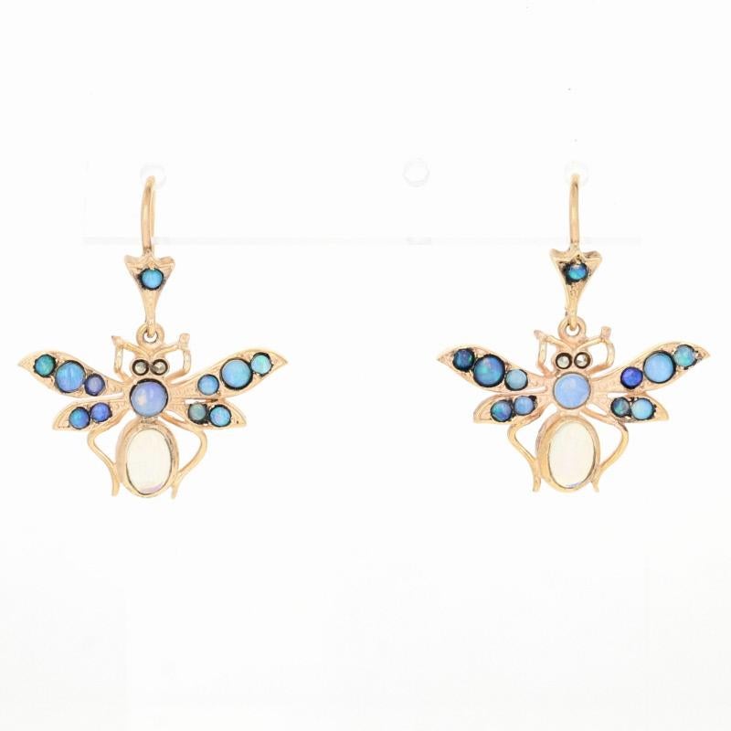 Women's Cabochon Cut Opal and Marcasite Bug Earrings 14 Karat Gold Pierced Dangle