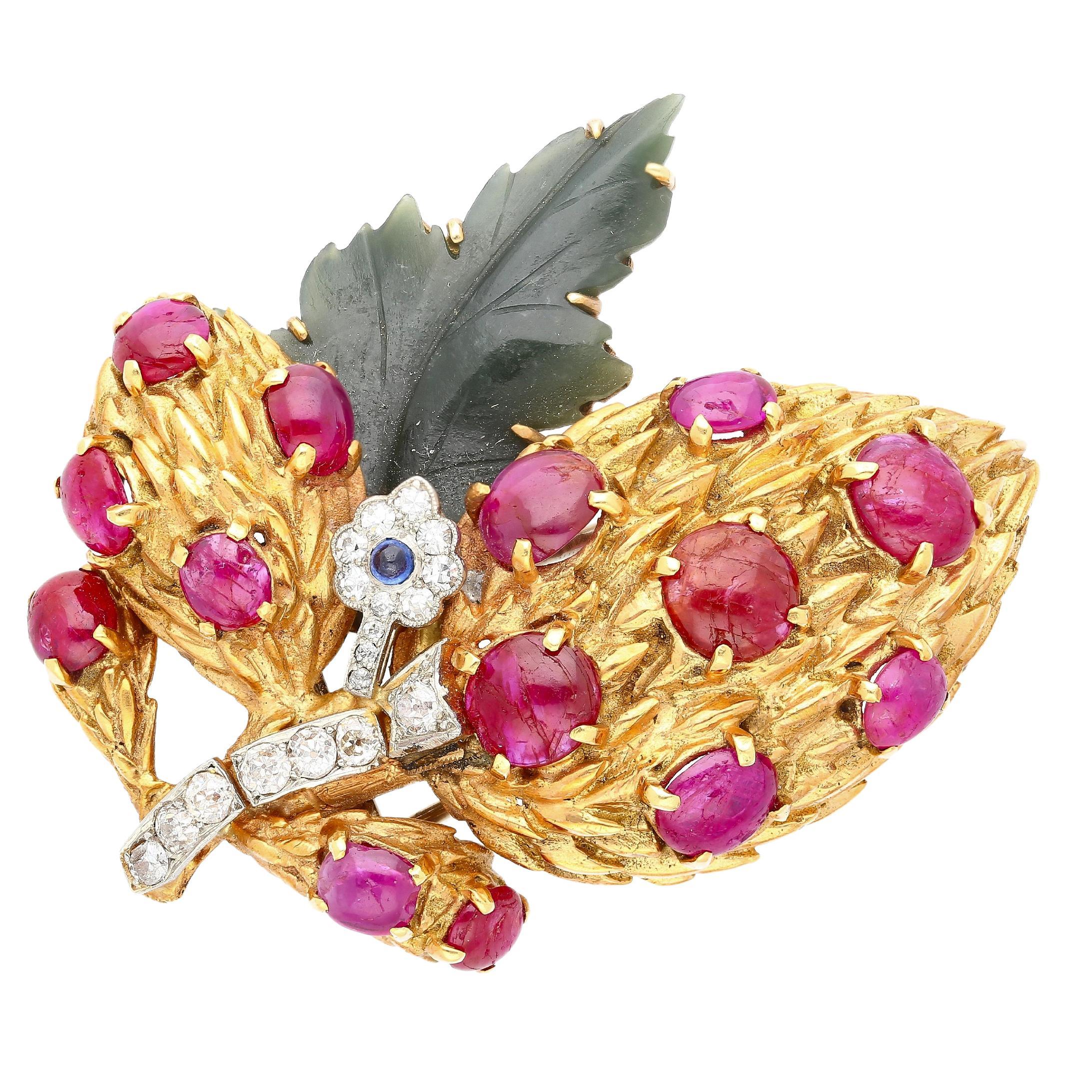 Cabochon Cut Ruby, Sapphire, Jade, and Diamond 18K/Platinum Brooch Pin For Sale
