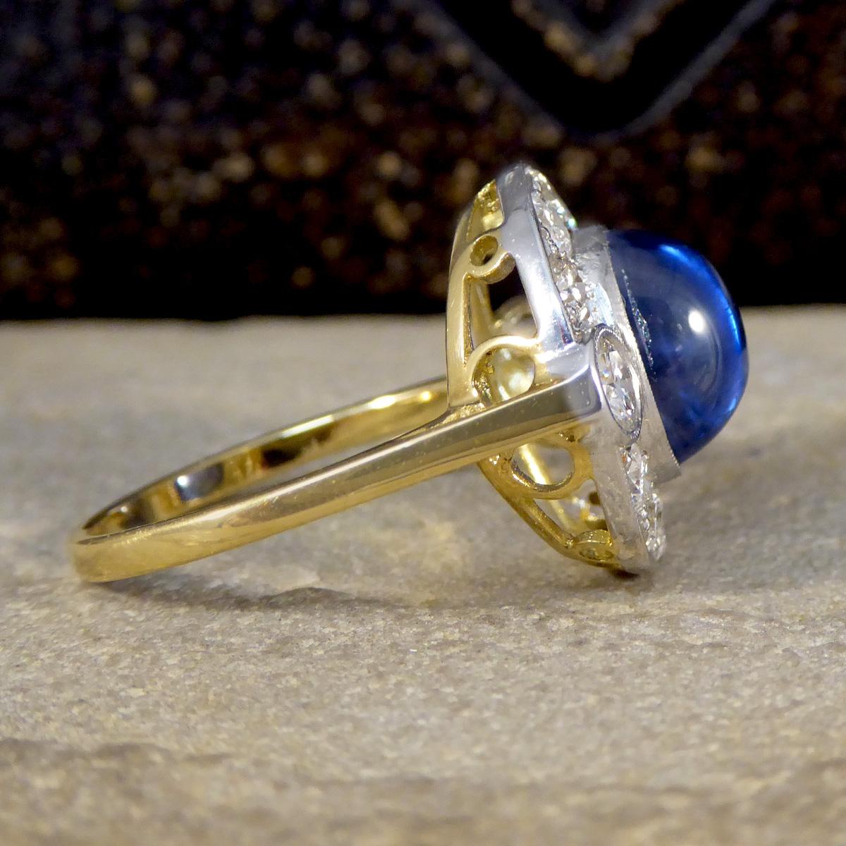 Art Deco Cabochon Cut Sapphire and Diamond Cluster Ring in 18ct Gold For Sale