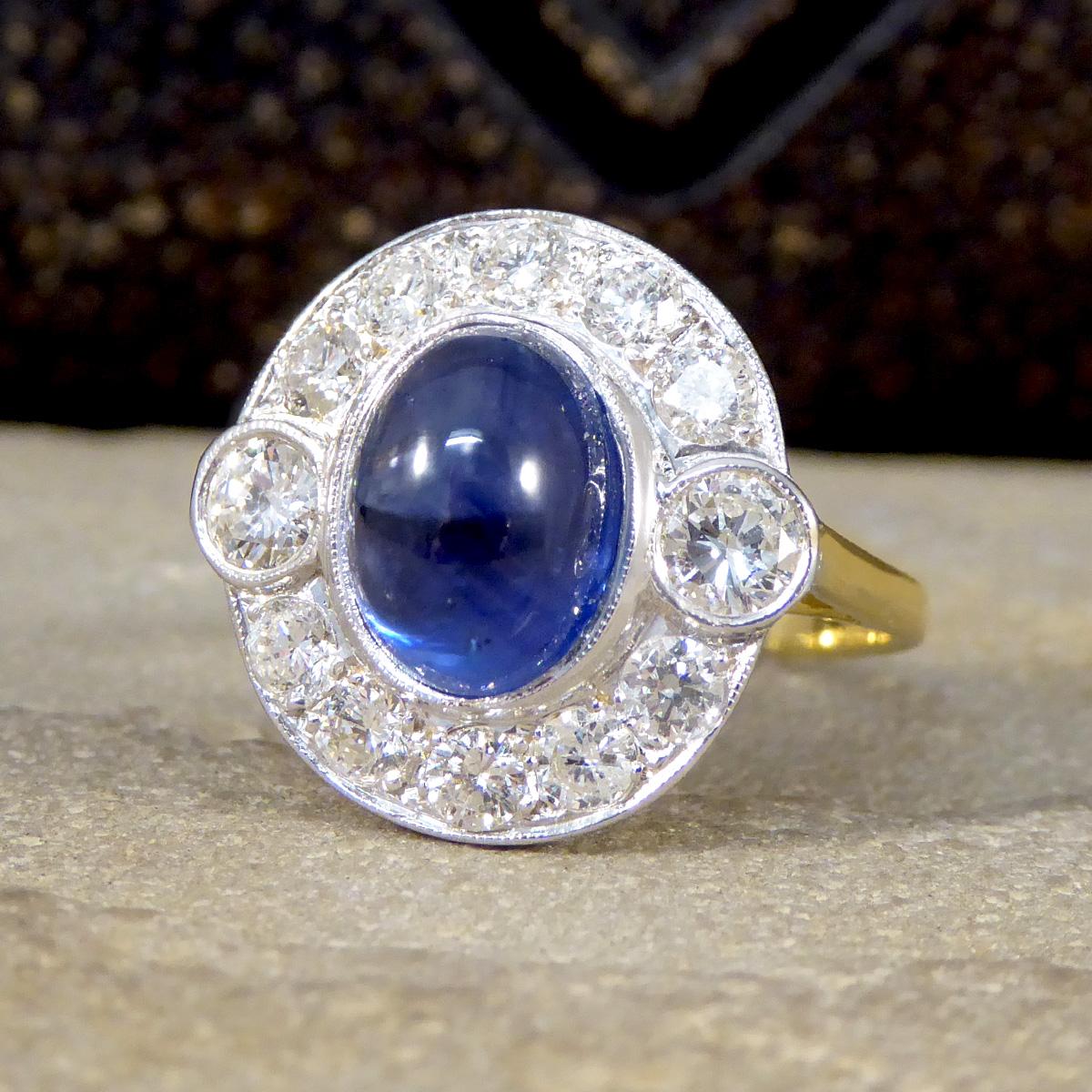 Women's Cabochon Cut Sapphire and Diamond Cluster Ring in 18ct Gold For Sale