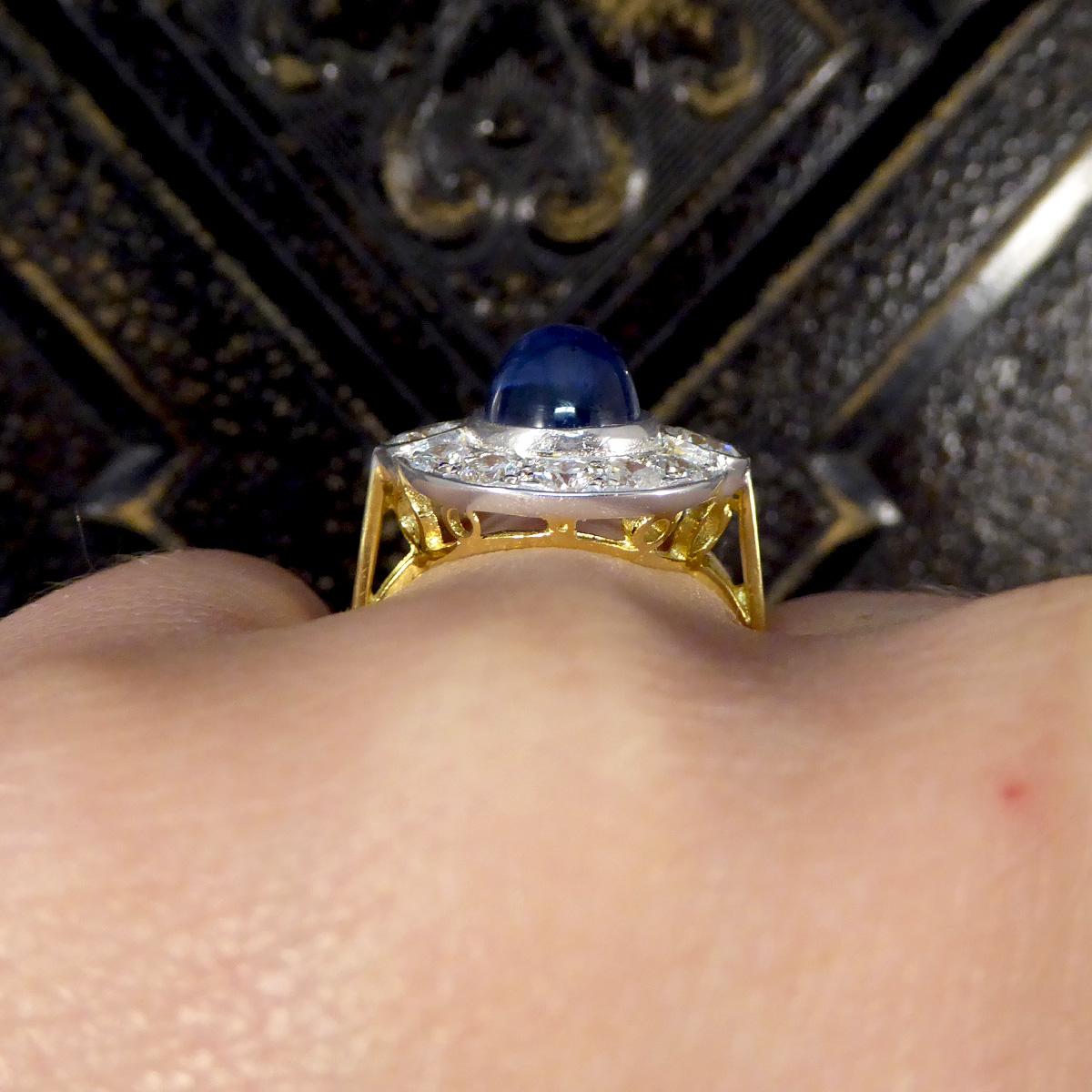 Cabochon Cut Sapphire and Diamond Cluster Ring in 18ct Gold For Sale 2
