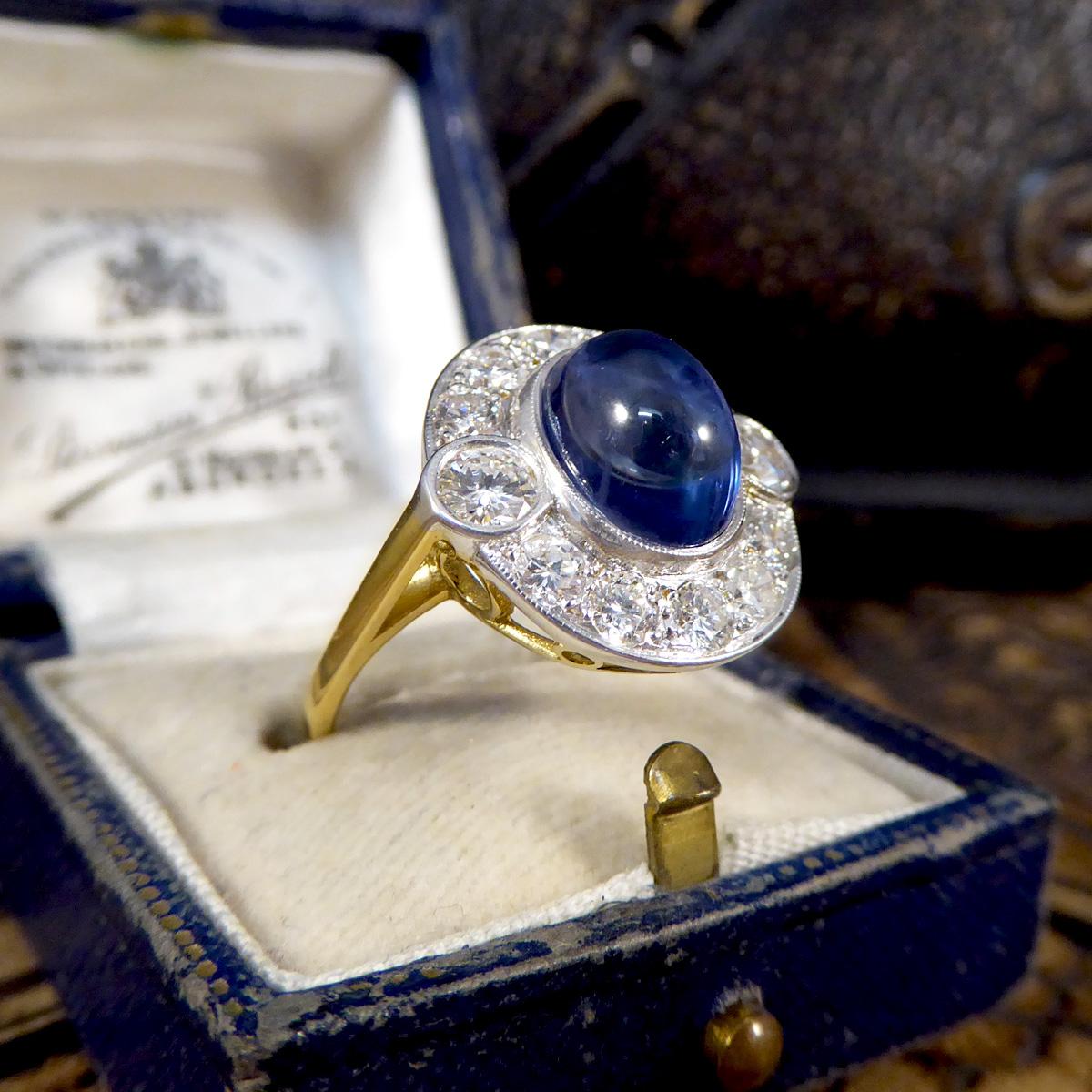 Cabochon Cut Sapphire and Diamond Cluster Ring in 18ct Gold For Sale 3