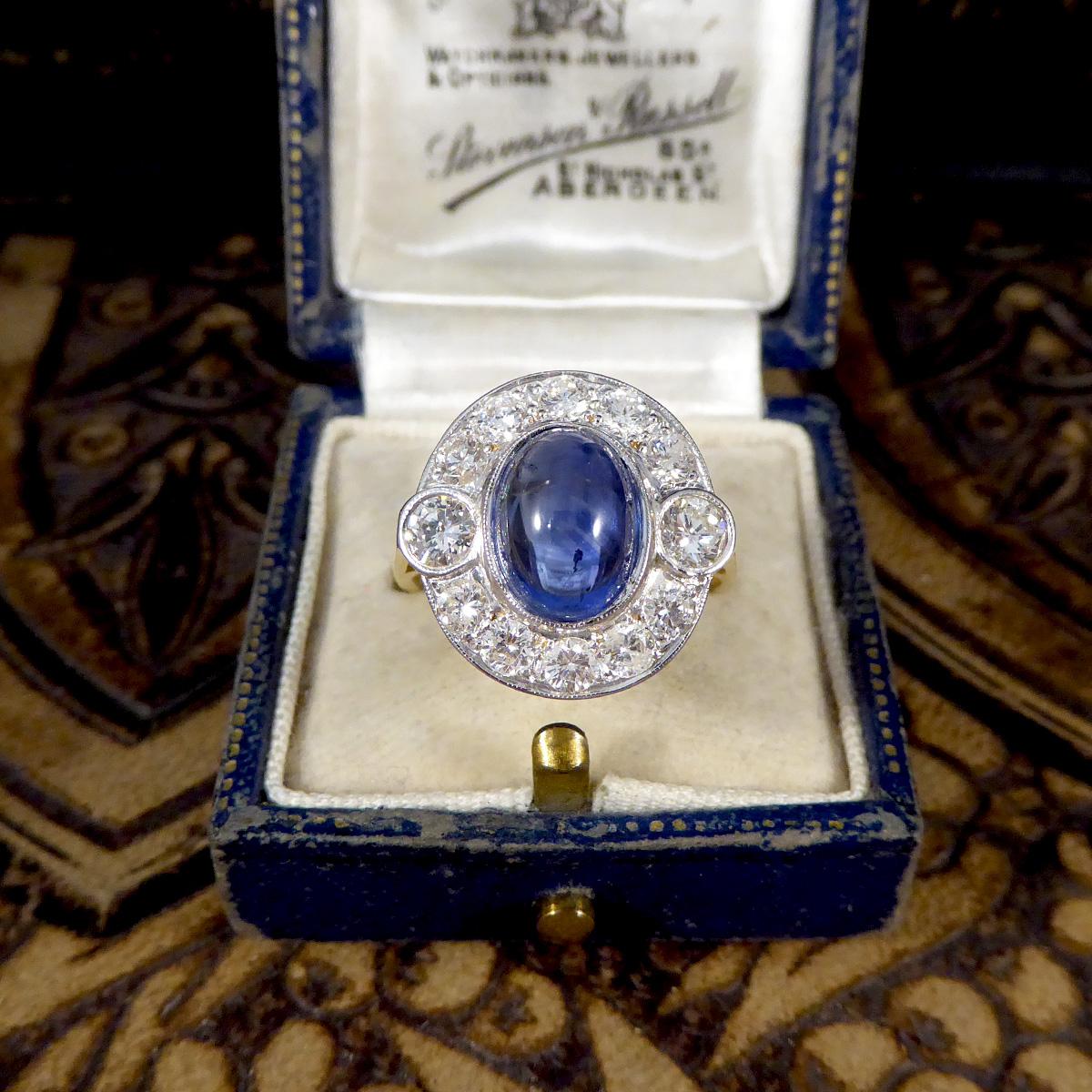 Cabochon Cut Sapphire and Diamond Cluster Ring in 18ct Gold For Sale 4