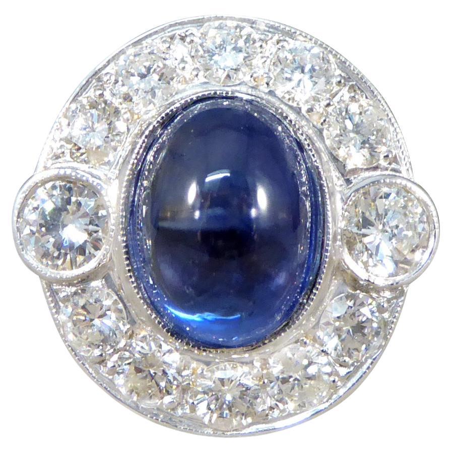 Cabochon Cut Sapphire and Diamond Cluster Ring in 18ct Gold For Sale