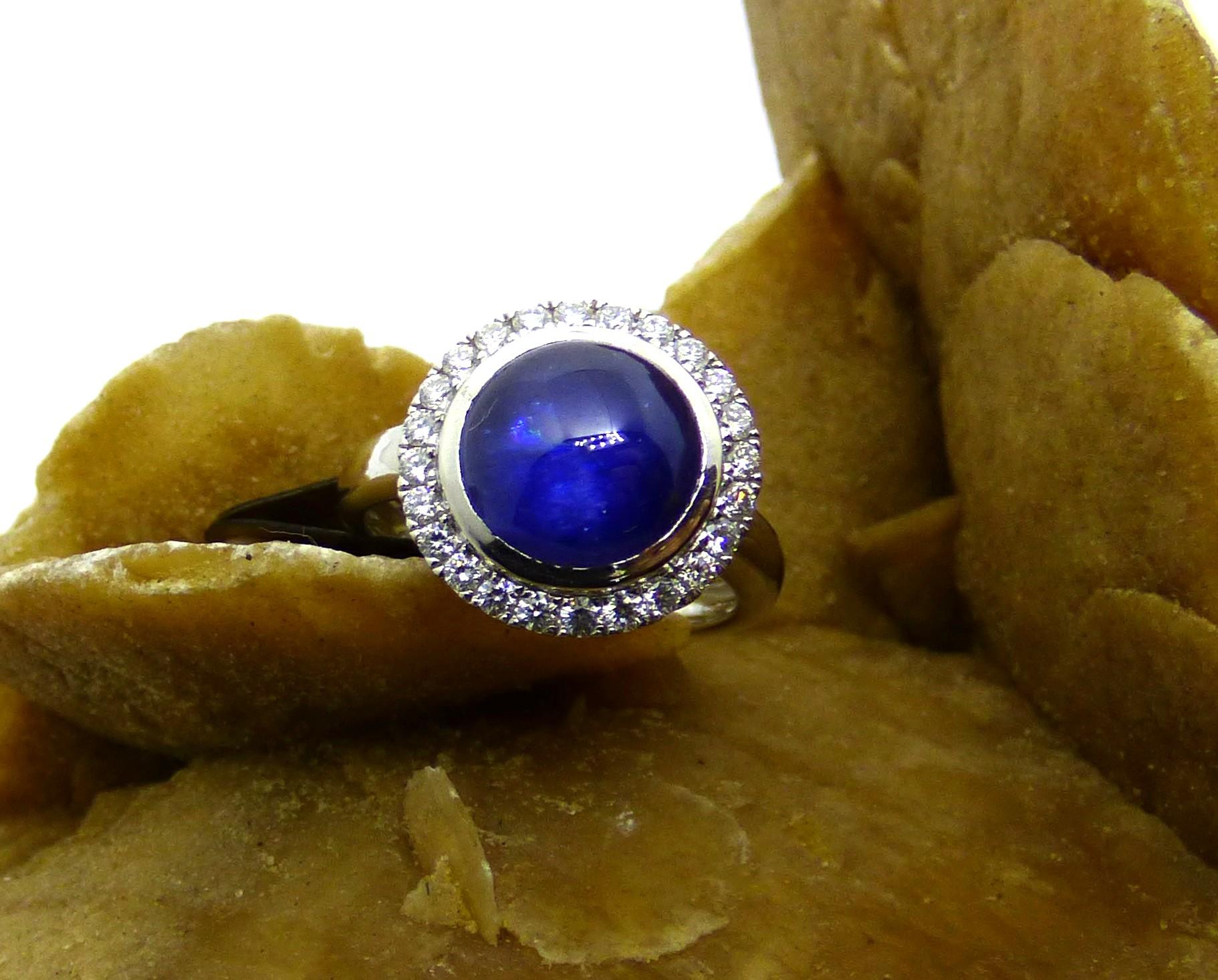 Women's Cabochon Cut Sapphire and Diamond Cluster Ring in 18K White Gold For Sale
