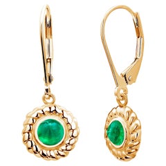 Cabochon Emerald 1.70 Carat Braided Bezel Set Leverback Yellow Gold Earrings