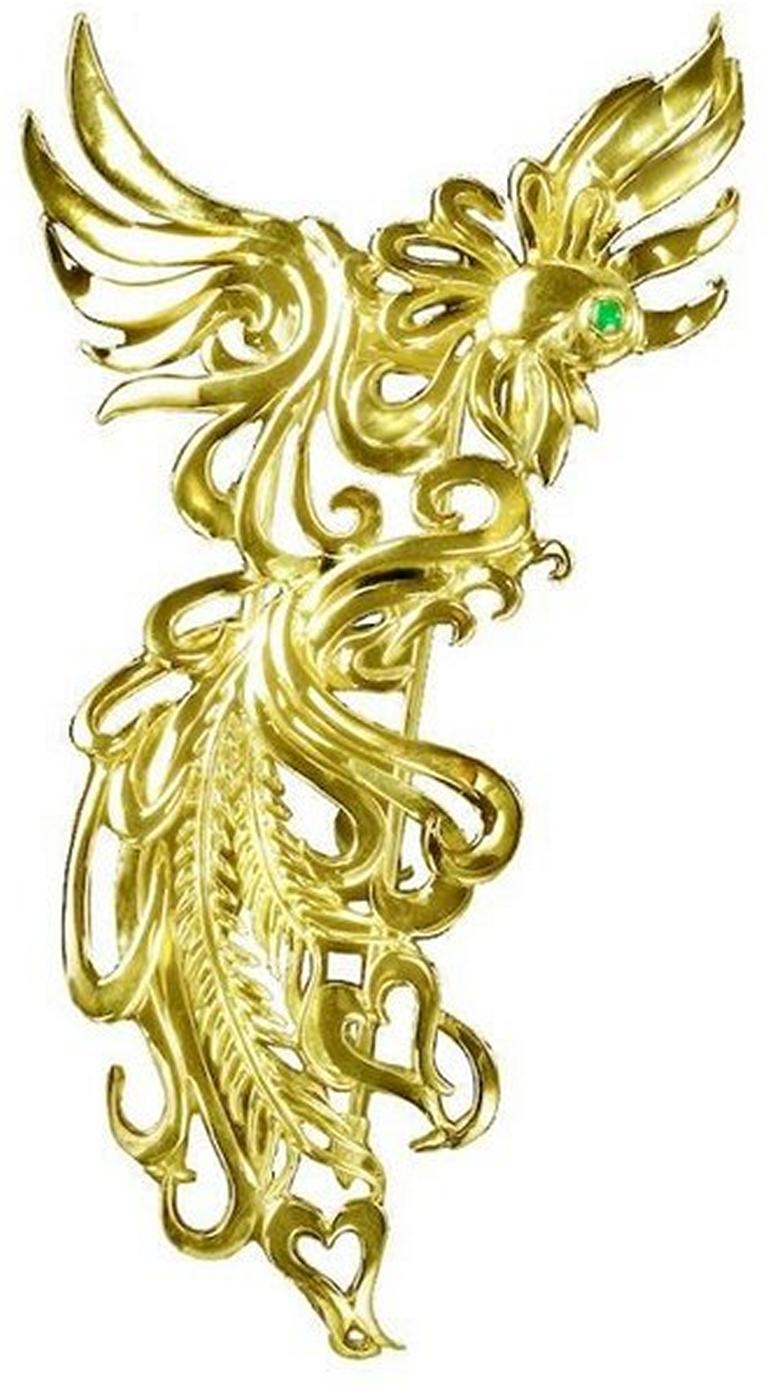 Contemporary Cabochon Emerald 18 Karat Gold PHOENIX Brooch or Pendant by John Landrum Bryant For Sale
