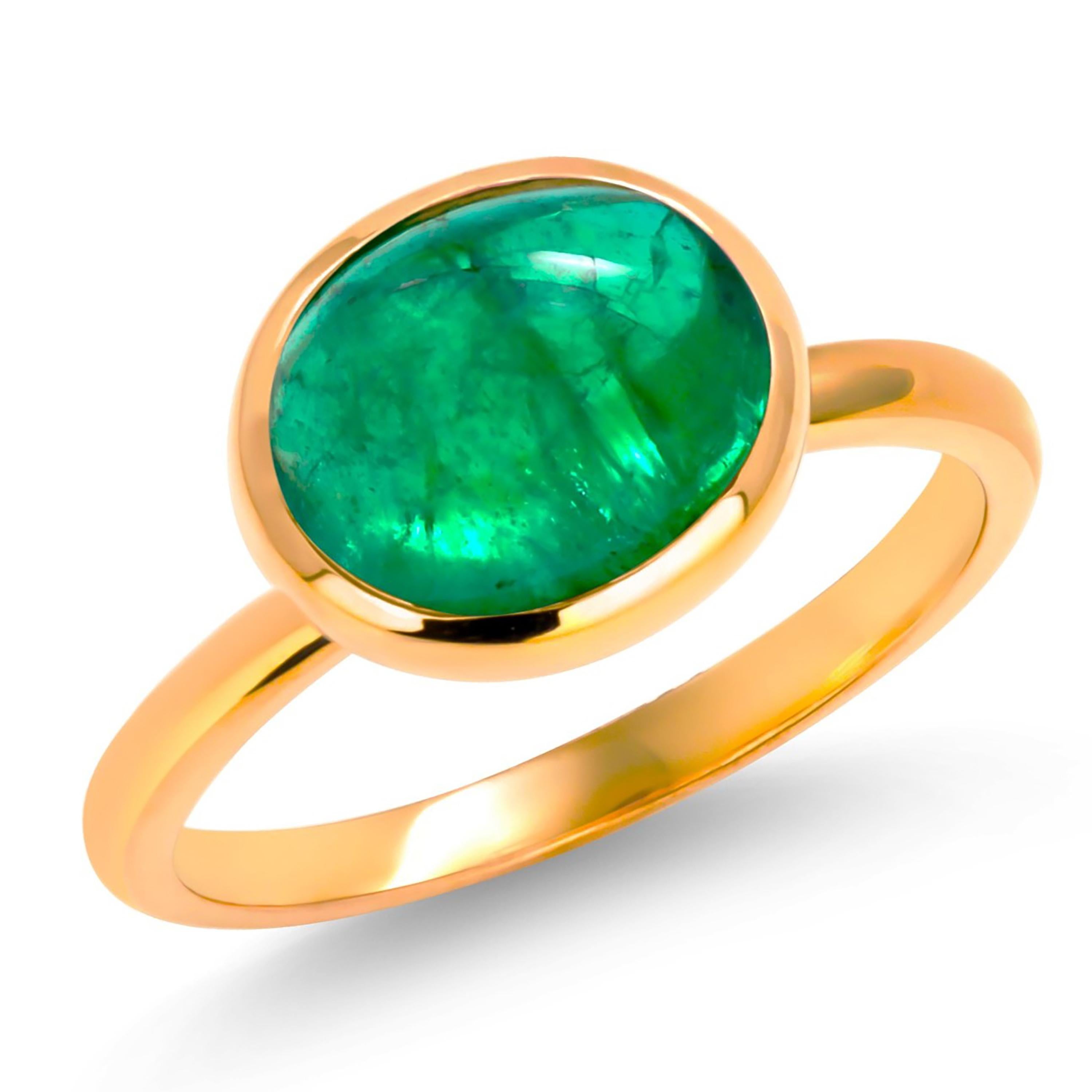 Cabochon Emerald 2.50 Carat Solitaire Yellow Gold Bezel Set Ring Size 6 For Sale 3