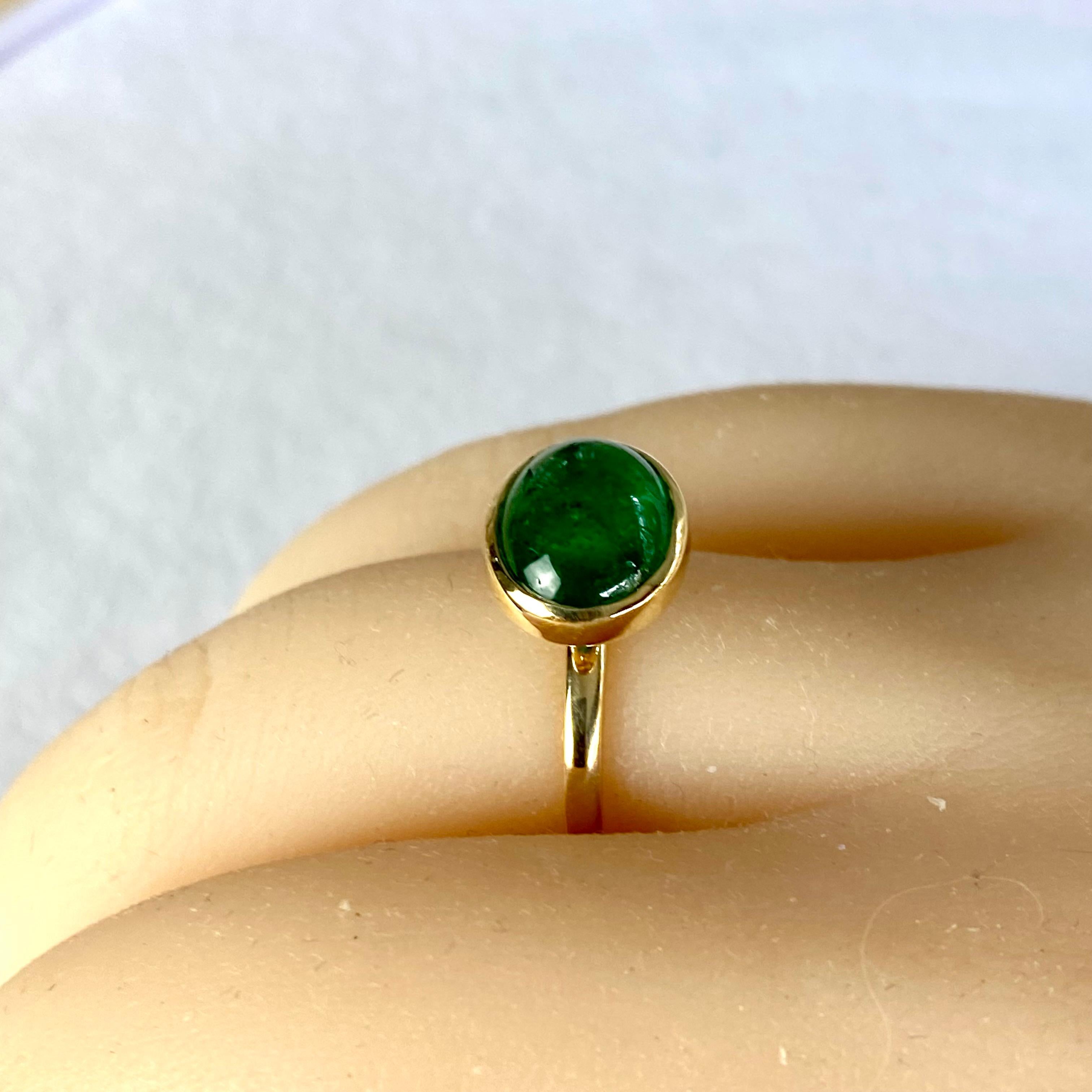 Cabochon Emerald 2.50 Carat Solitaire Yellow Gold Bezel Set Ring Size 6 For Sale 4