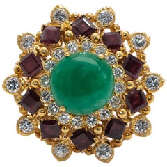 Cabochon Emerald 5 Carat Ring with Rubies 2.4 Carat and Diamonds 1.60 Carat