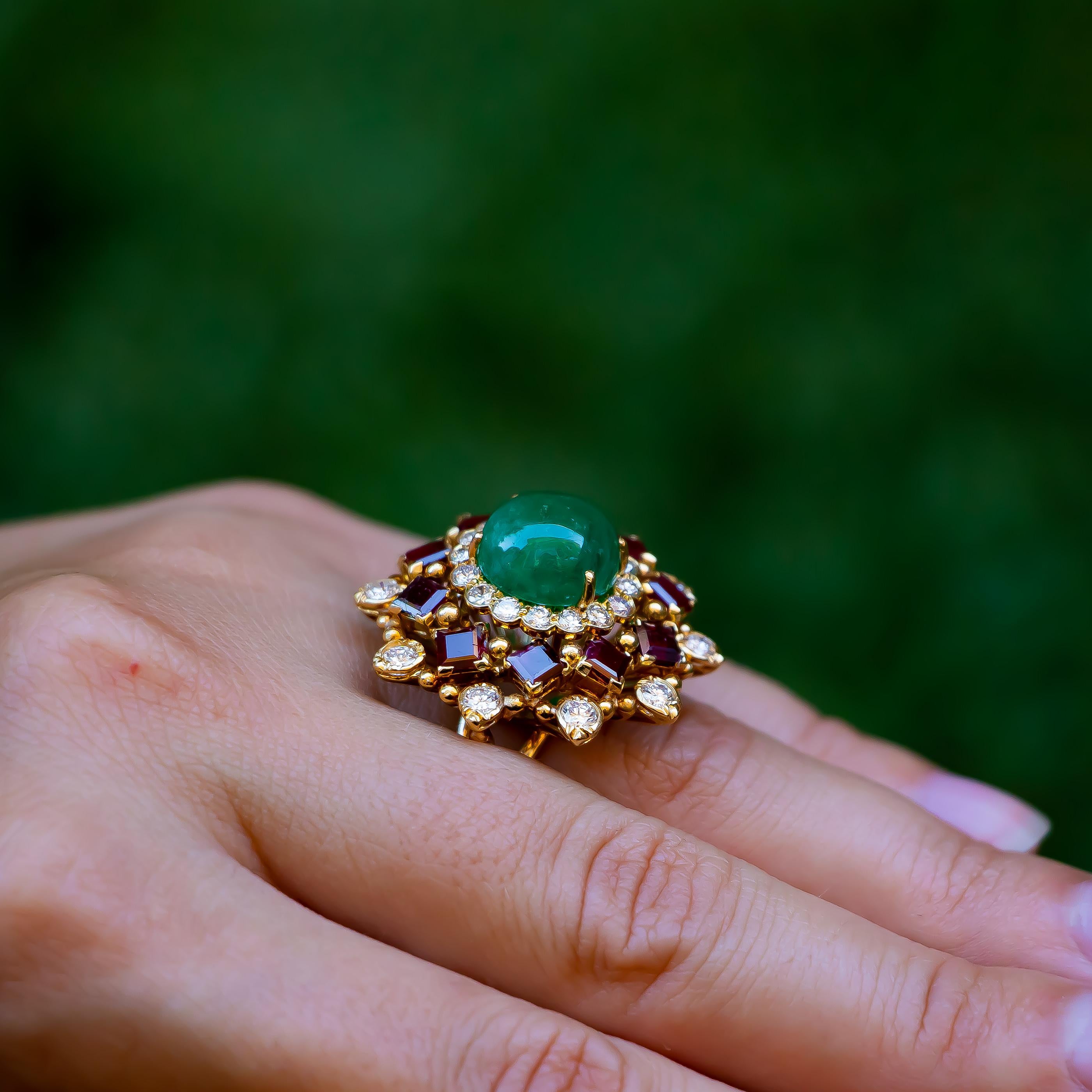 Women's Cabochon Emerald 5 Carat Ring with Rubies 2.4 Carat and Diamonds 1.60 Carat