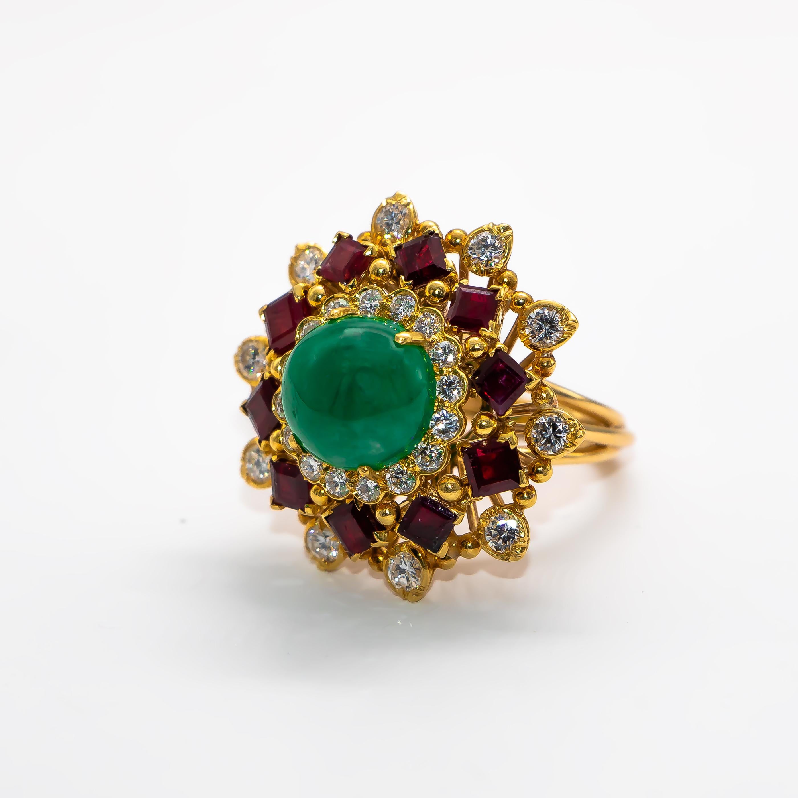 Cabochon Emerald 5 Carat Ring with Rubies 2.4 Carat and Diamonds 1.60 Carat 3