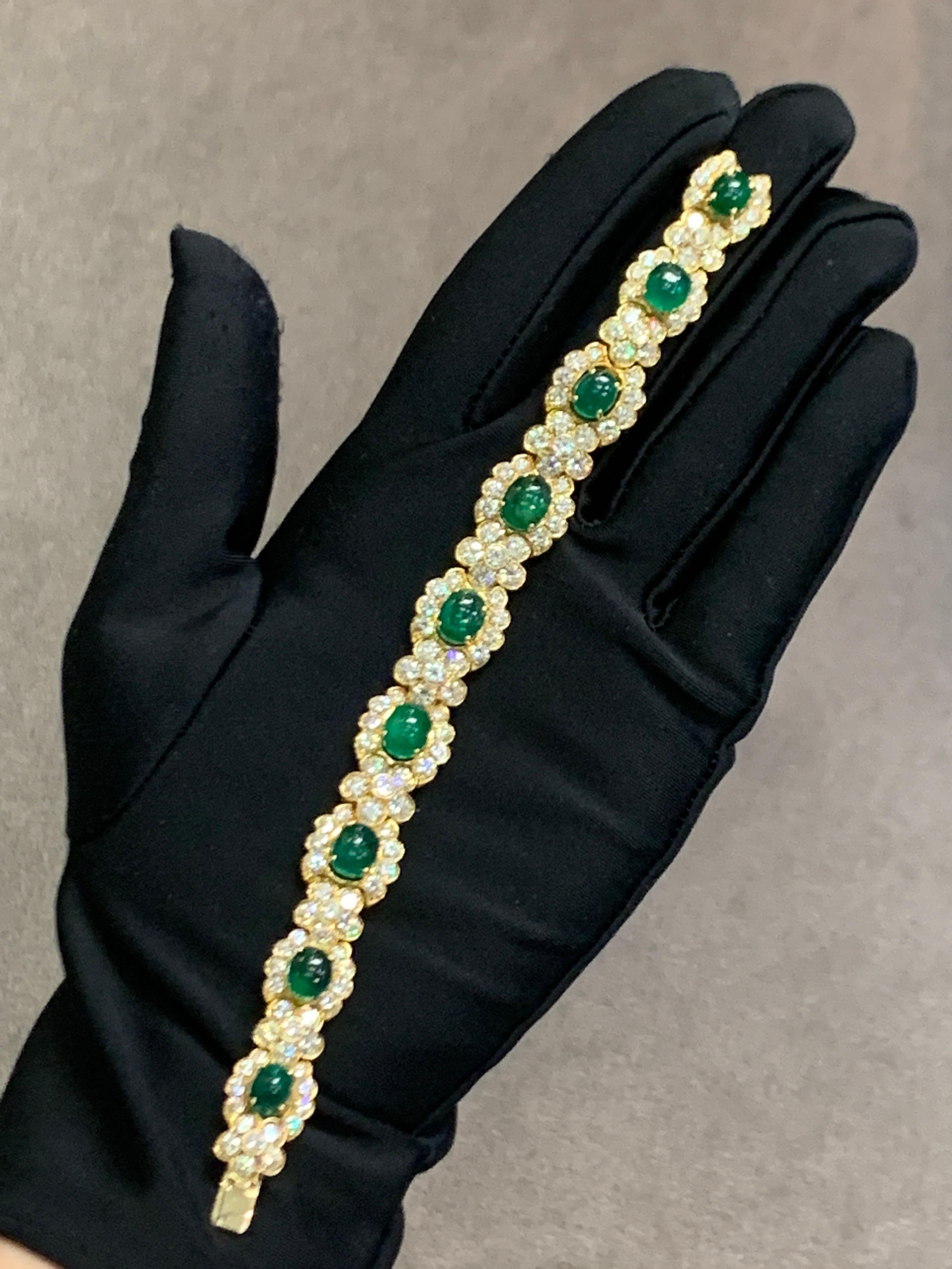 Mixed Cut Cabochon Emerald and Diamond Bracelet  For Sale