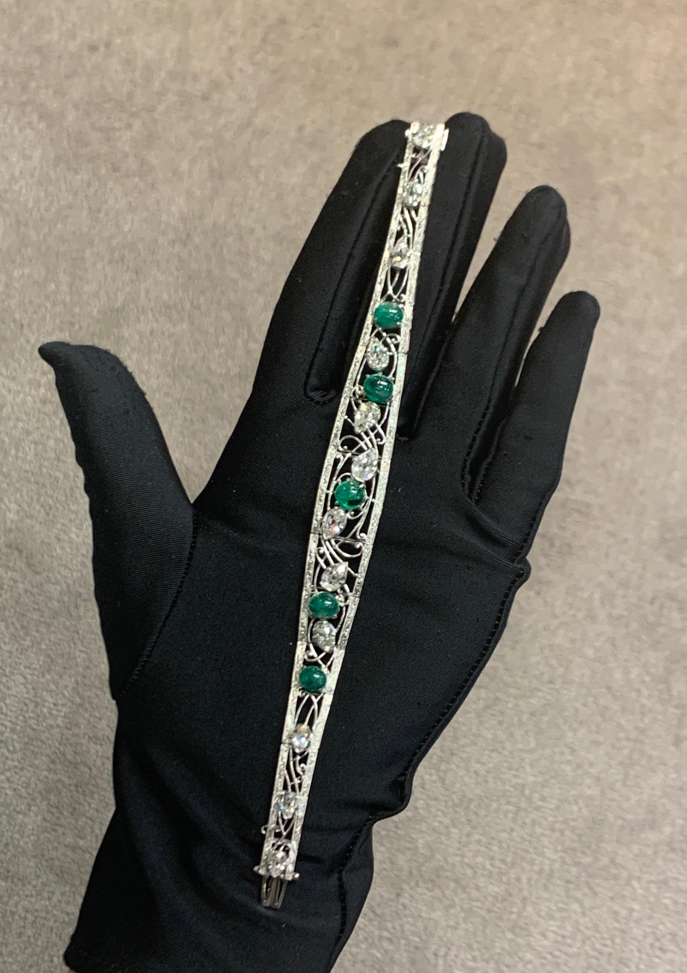 Art Deco Cabochon Emerald and Diamond Bracelet For Sale