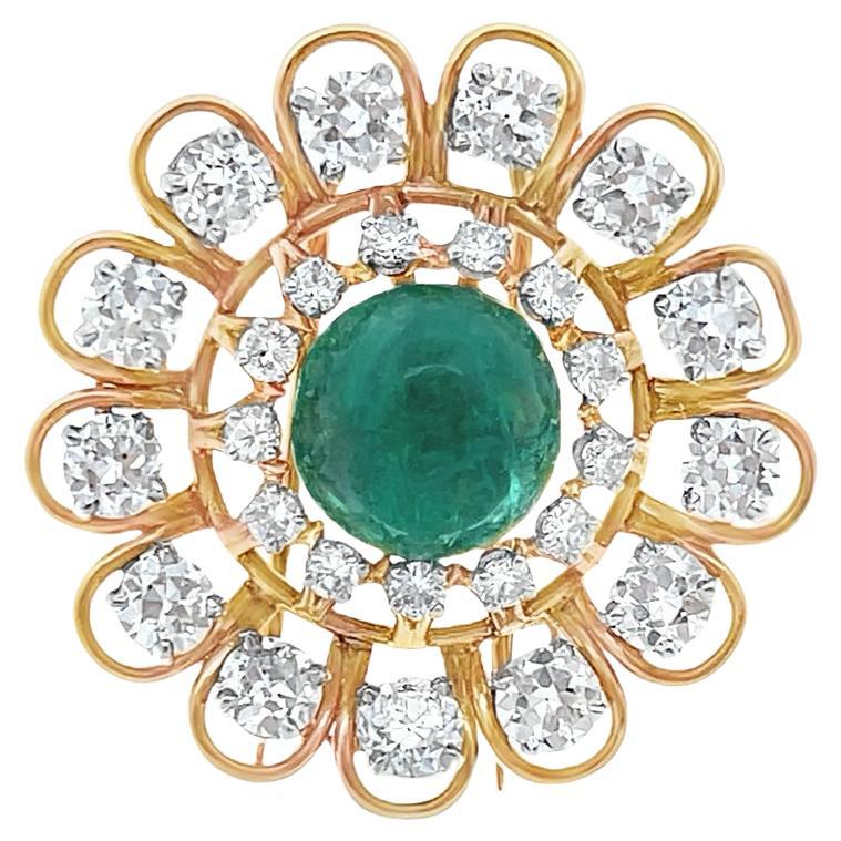 Cabochon Emerald and Diamond Brooch