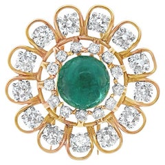 Cabochon Emerald and Diamond Brooch