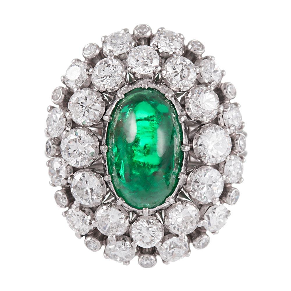 Cabochon Emerald and Diamond Cluster Ring