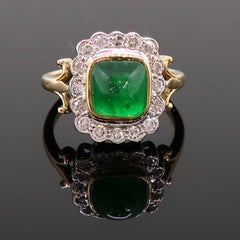 Cabochon Emerald and Diamond Cluster Ring Yellow and White Gold