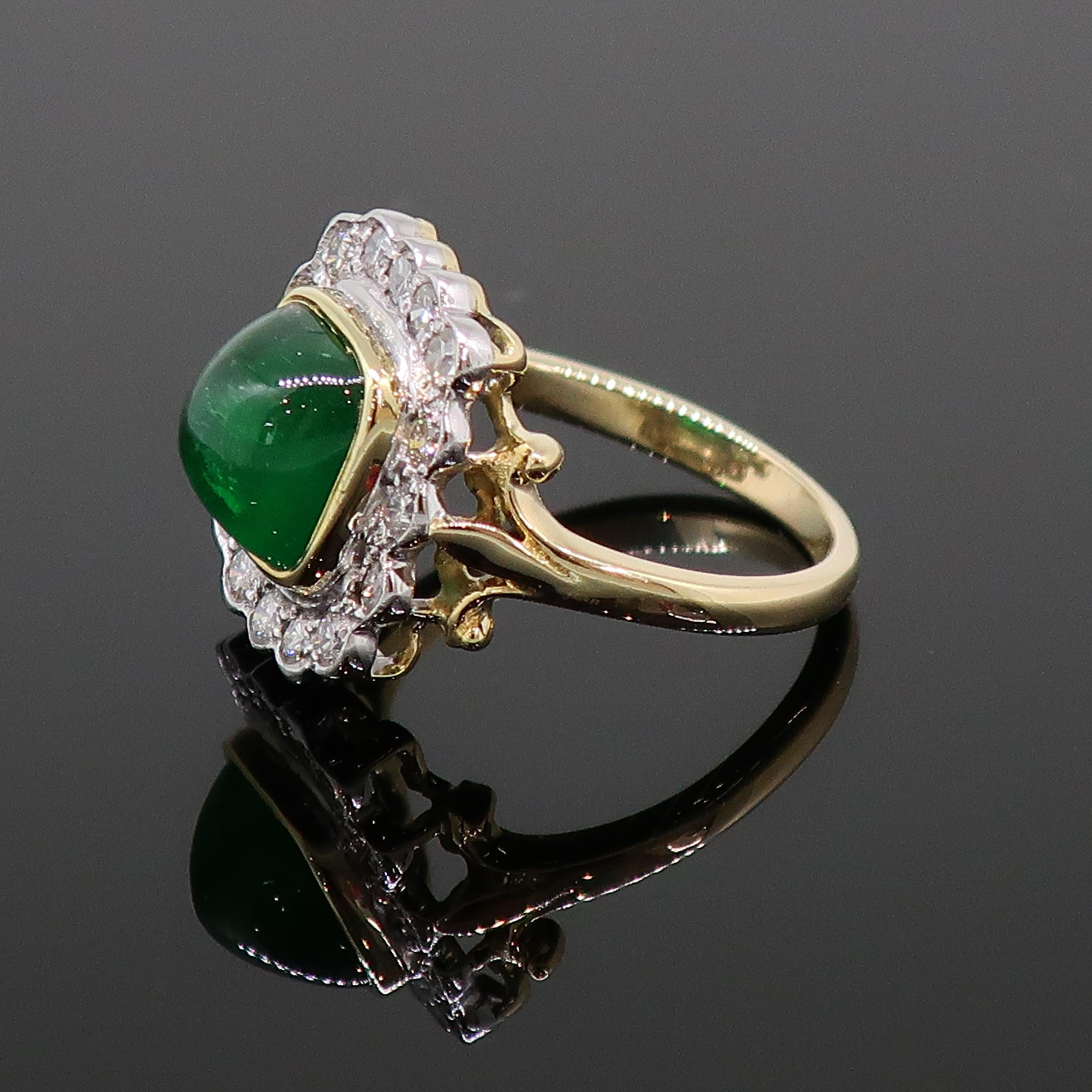 Art Deco Cabochon Emerald and Diamond Cluster Ring Yellow and White Gold For Sale