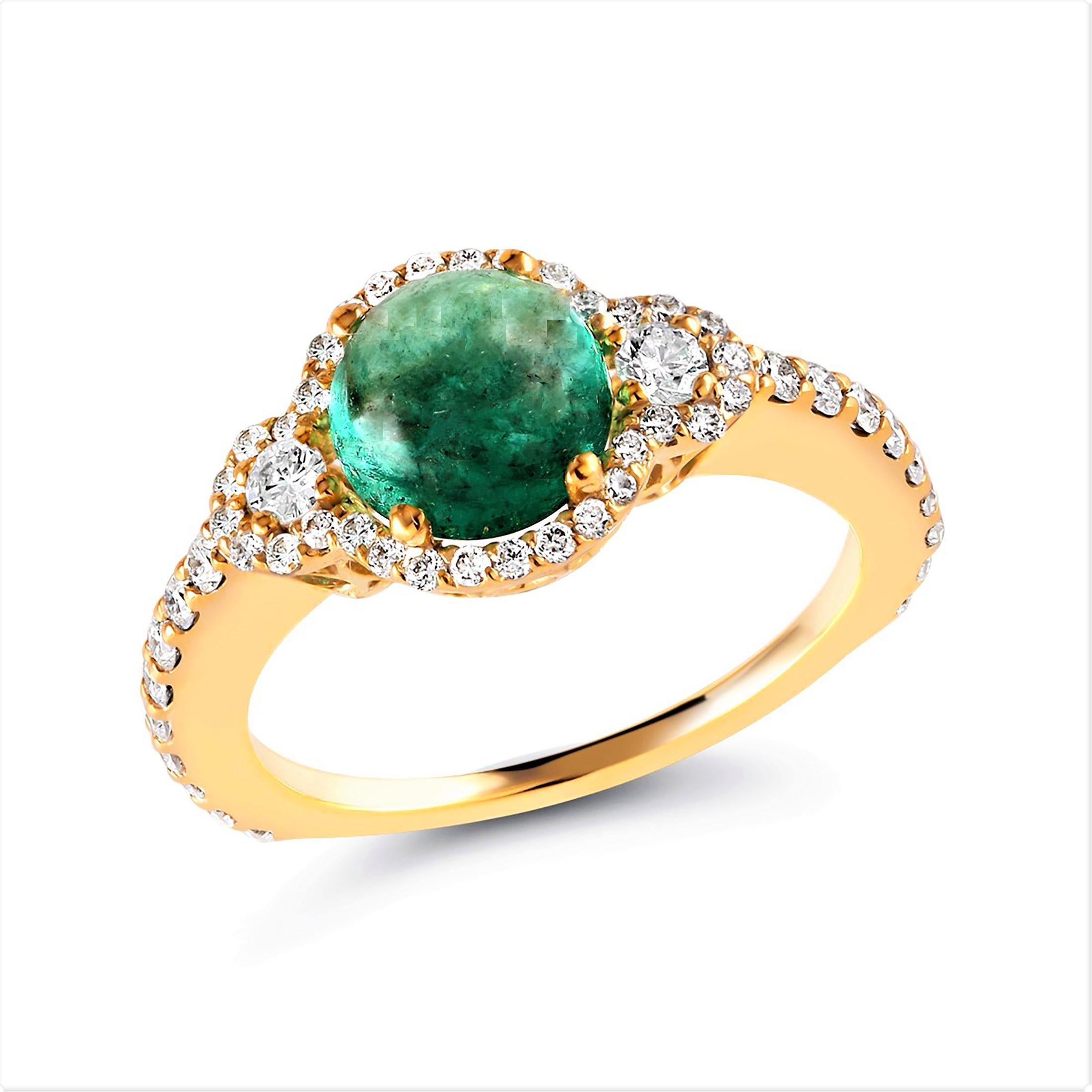 Eighteen karat yellow gold cocktail ring
Cabochon emerald weighing 1.90 carat 
Surrounded by two round diamond weighing 0.30 carat 
Round pave-set diamonds weighing 1.40 carat
Diamond quality G VS
New ring 
Ring finger size 6.25 In Stock
Ring can be