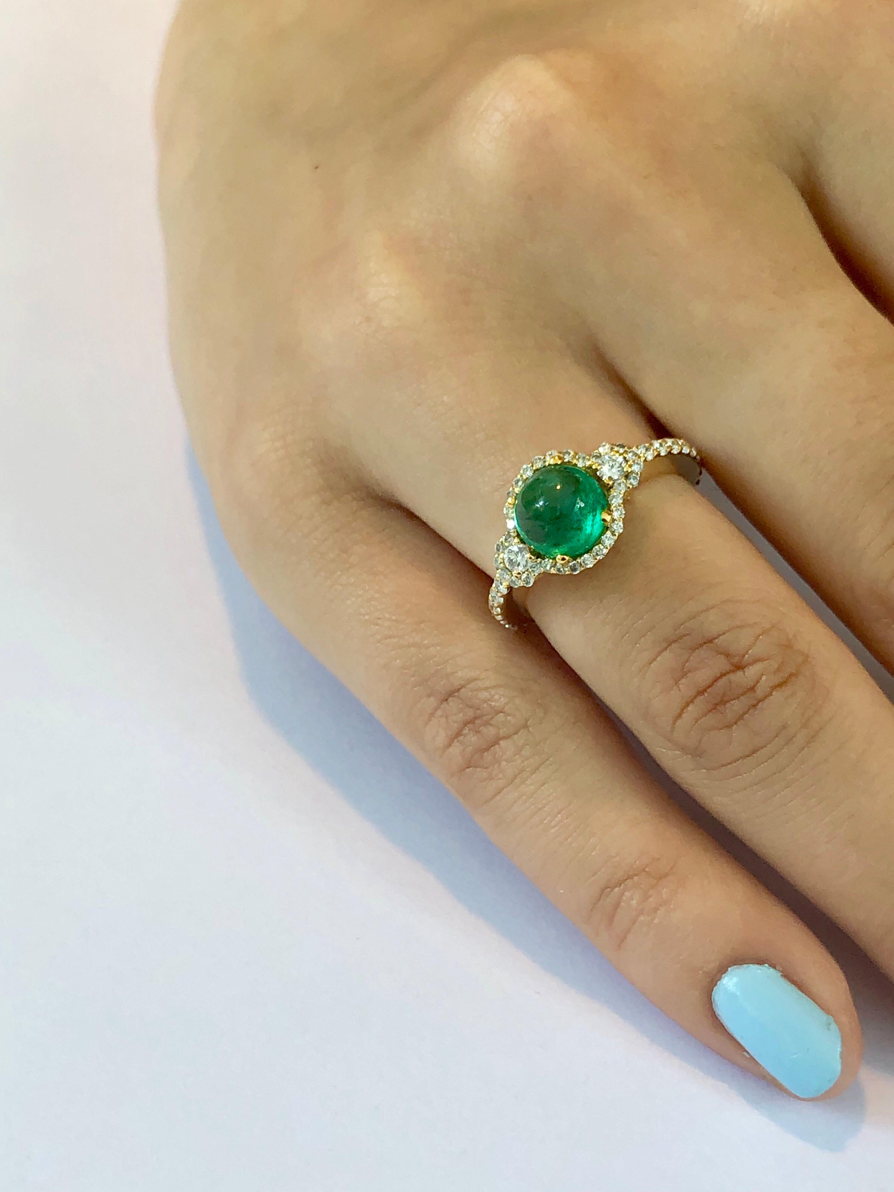 Contemporary Cabochon Emerald and Diamond Cluster Yellow Gold Ring Weighing 3.60 Carat