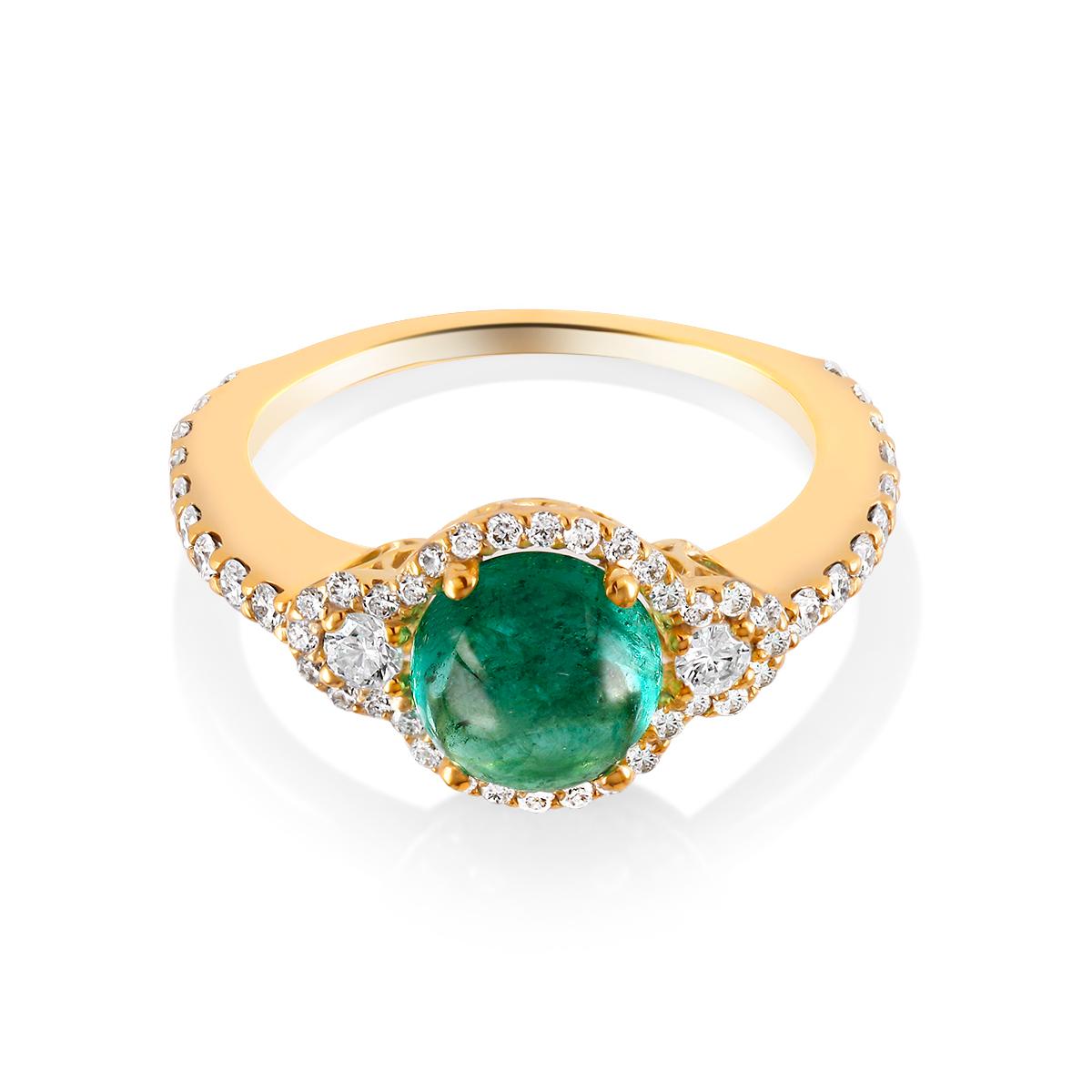 Cabochon Emerald and Diamond Cluster Yellow Gold Ring Weighing 3.60 Carat 4