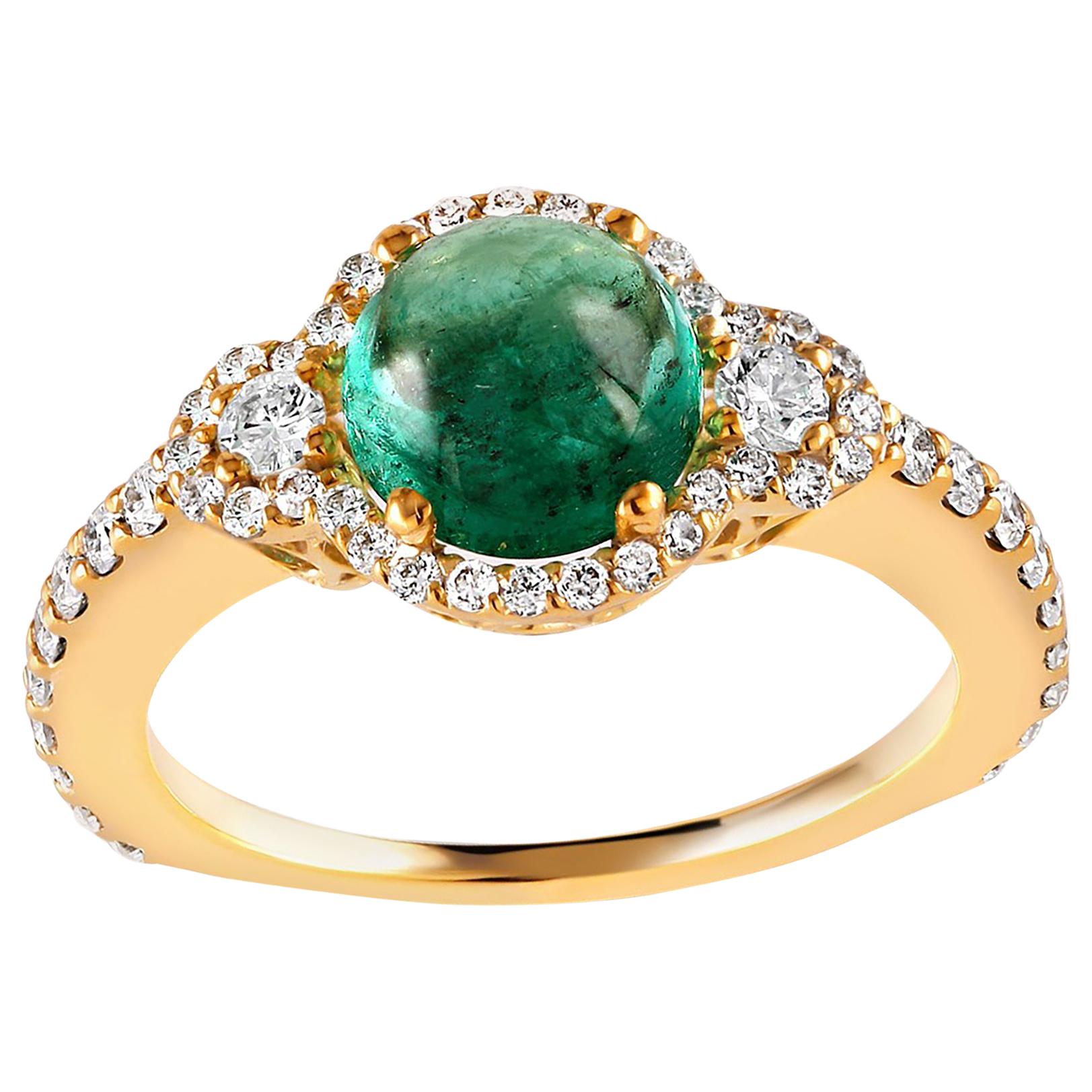 Oval Cut Cabochon Emerald and Diamond Cluster Yellow Gold Ring Weighing 3.60 Carat