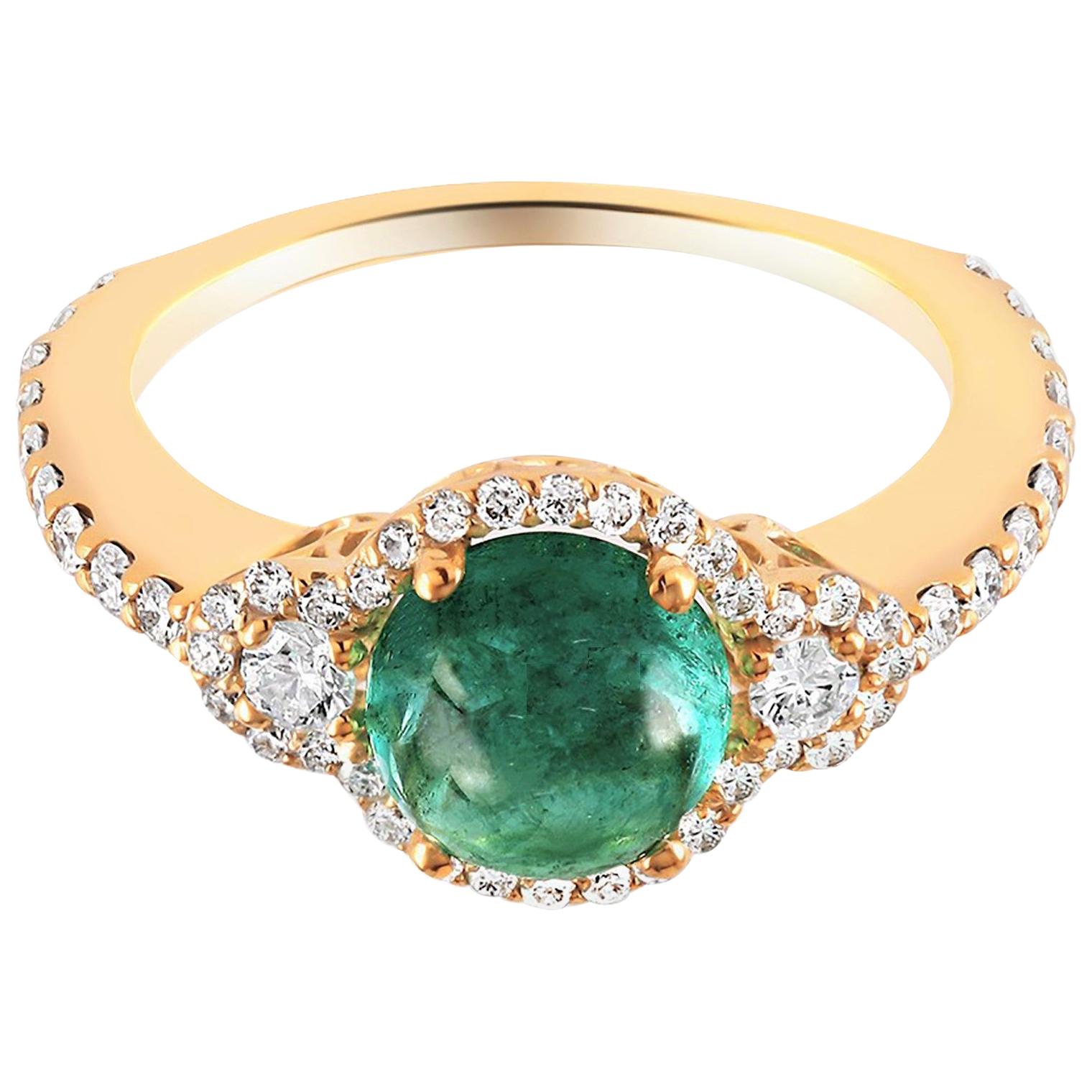 Cabochon Emerald and Diamond Cluster Yellow Gold Ring Weighing 3.60 Carat