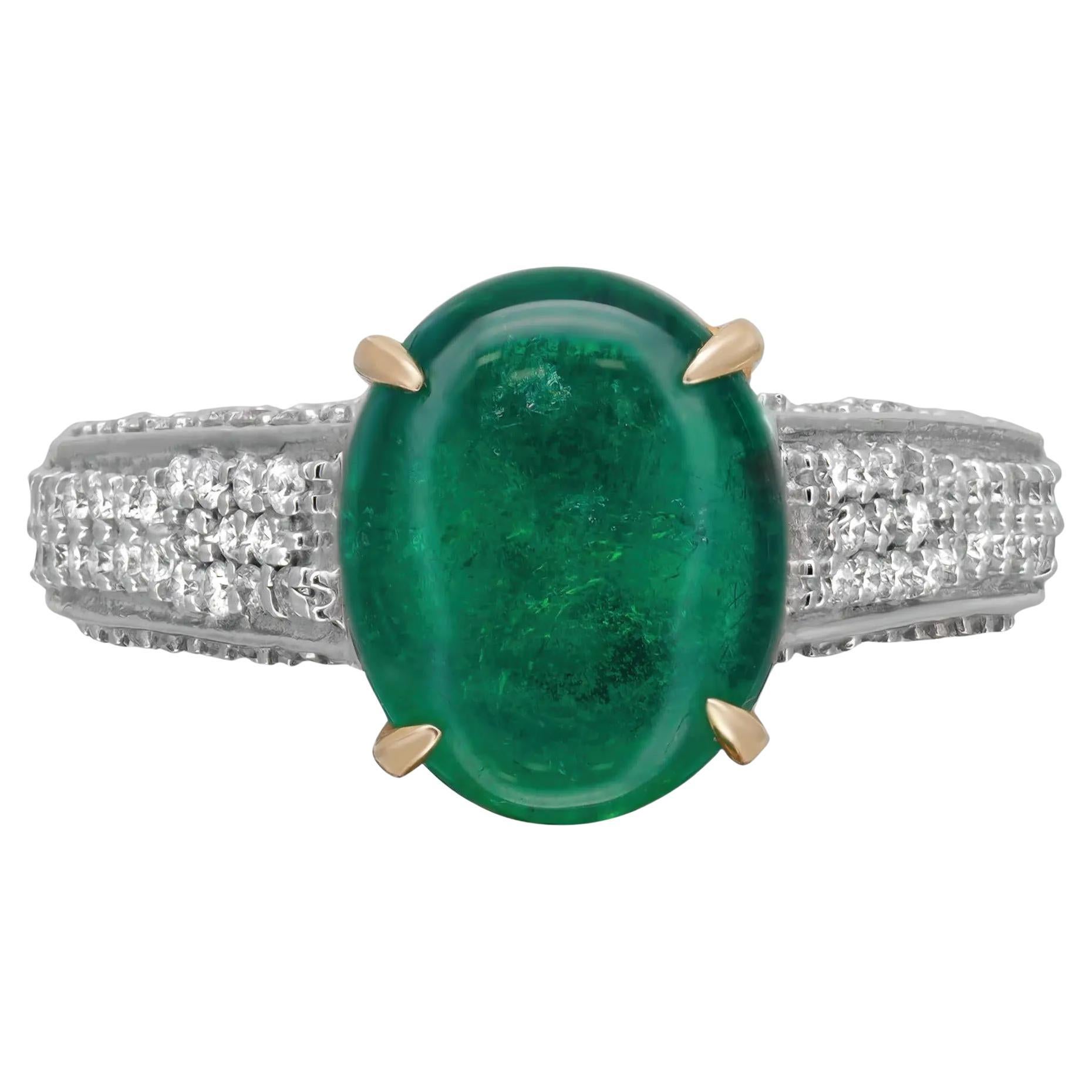 Cabochon Emerald and Diamond Cocktail Ring 18K White And Yellow Gold Size 6.25