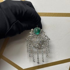 Cabochon Emerald and Diamond Dangle Brooch
